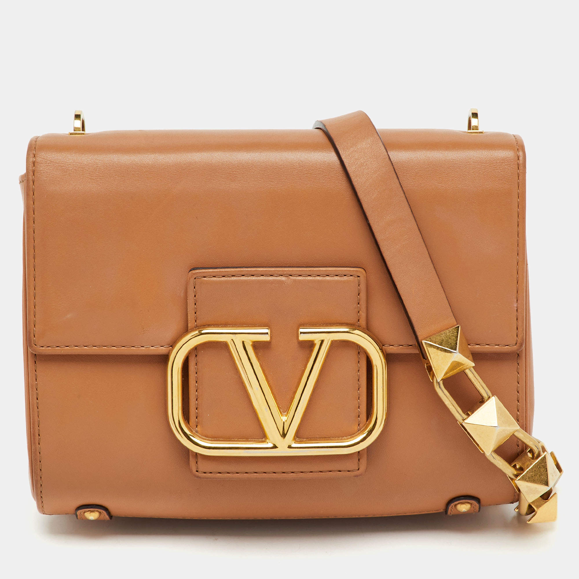 Pre Owned Valentino Tan Leather Stud Sign Flap Shoulder Bag