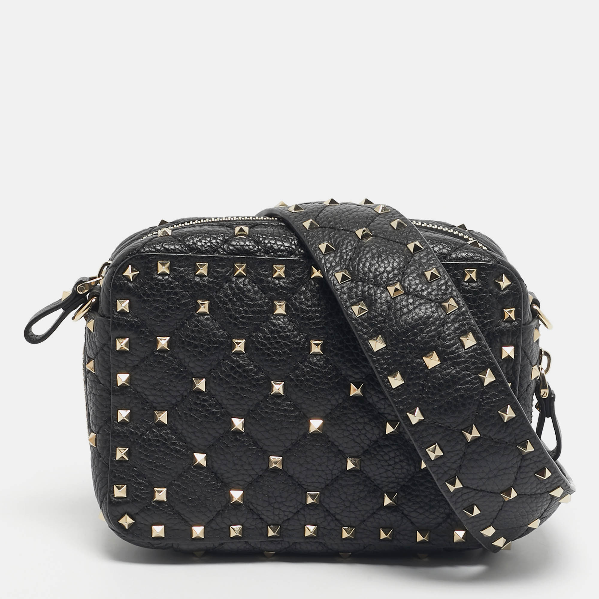 Pre Owned Valentino Black Quilted Leather Rockstud Spike Camera Crossbody Bag