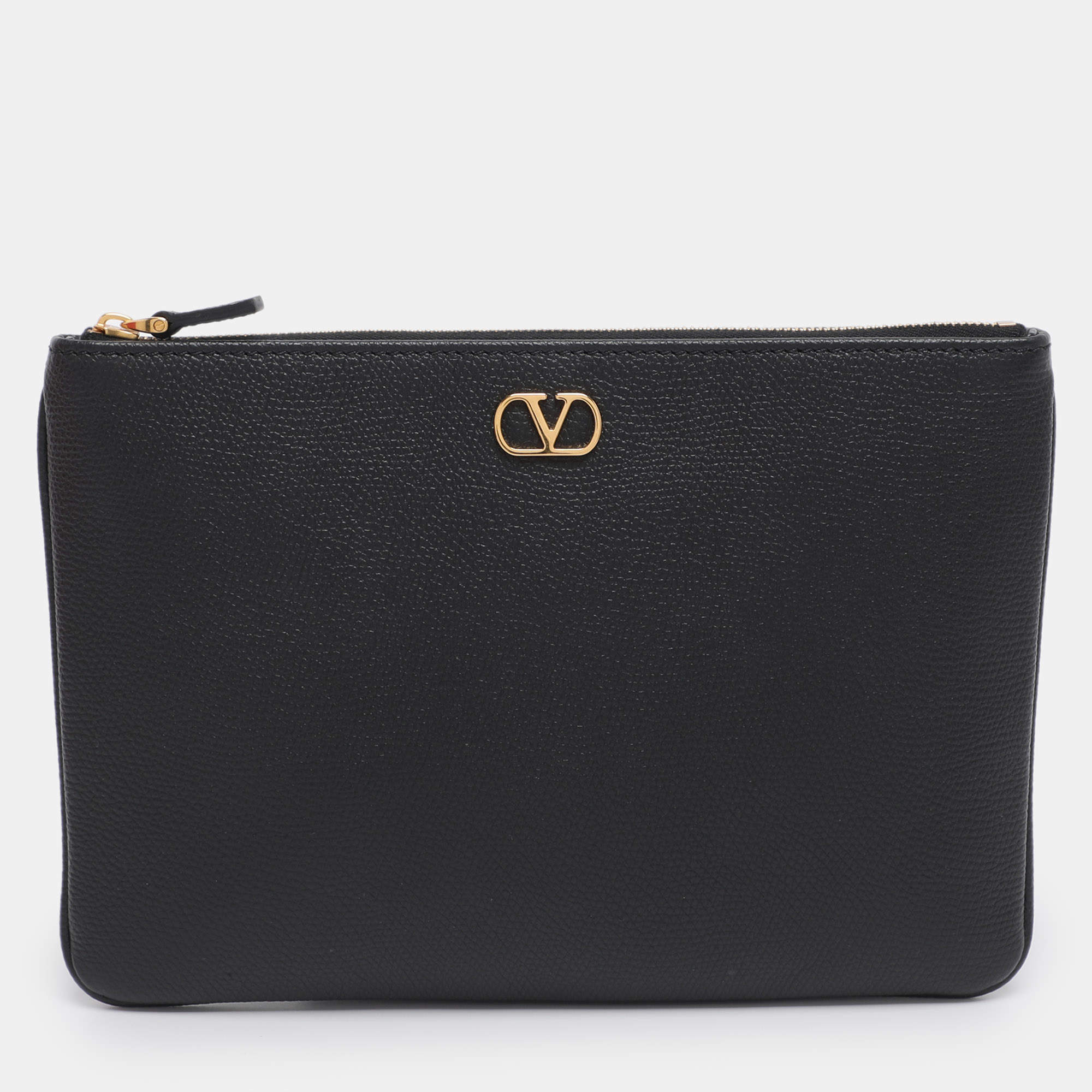 Pre Owned Valentino Black Leather VLogo Zip Pouch Clutch