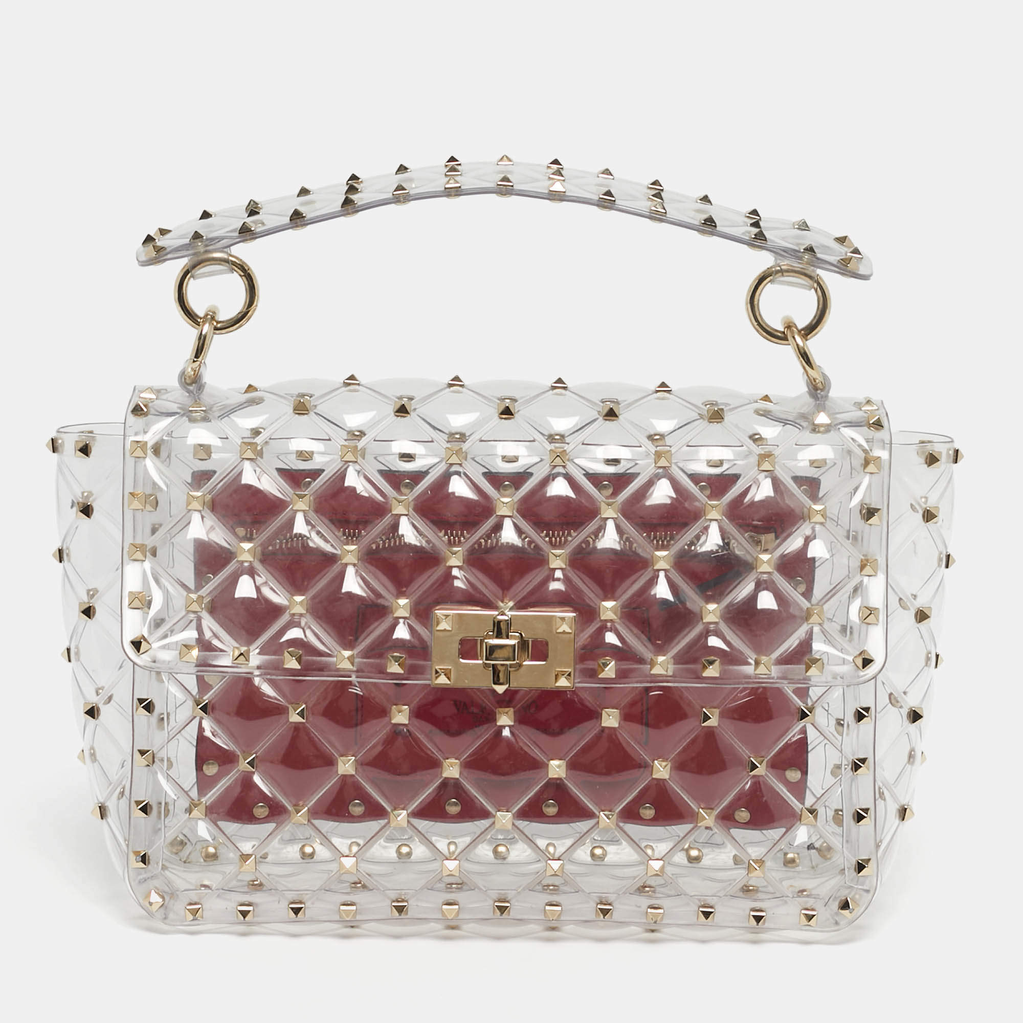 Pre Owned Valentino Transparent /Red PVC Medium Rockstud Spike Top Handle Bag