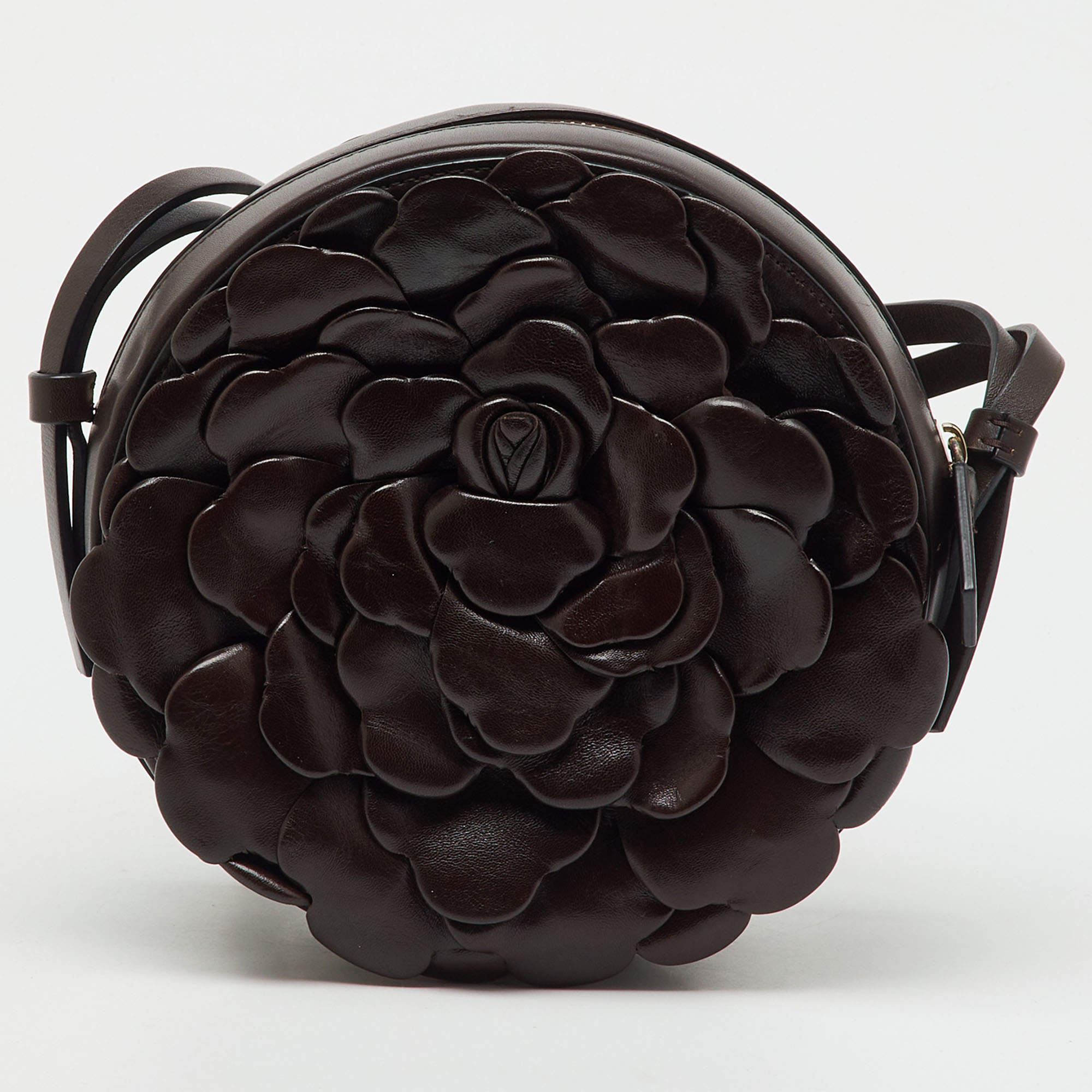 Pre Owned Valentino Dark Brown Leather Atelier 03 Rose Edition Round Shoulder Bag