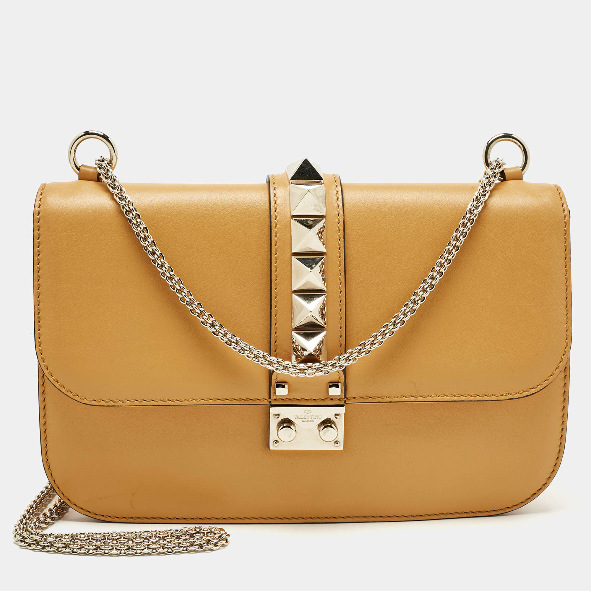 Pre Owned Valentino Dark Yellow Leather Large Glam Lock Flap Bag