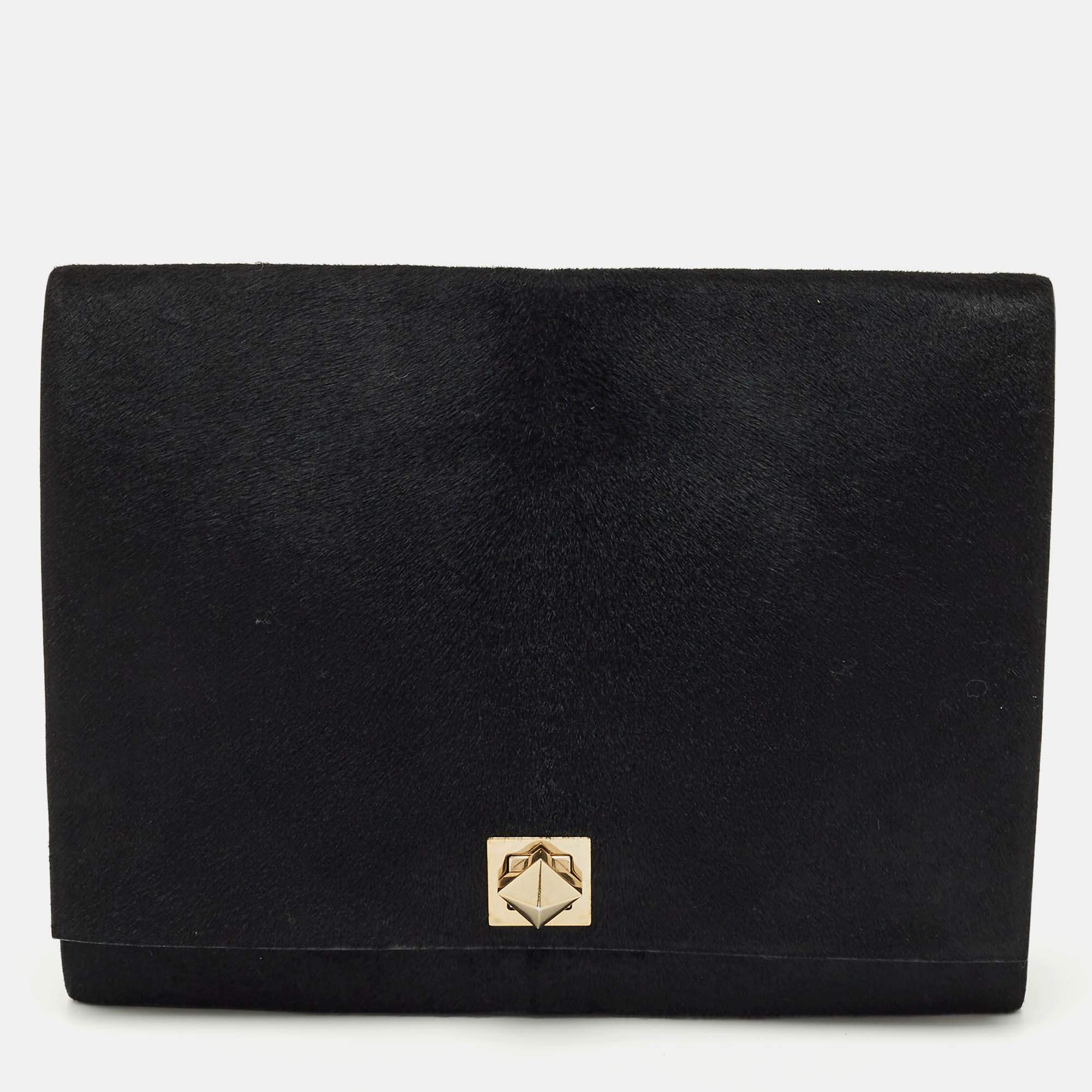 Pre Owned Valentino Black Calf Hair Rockstud Lock Flap Shoulder Bag