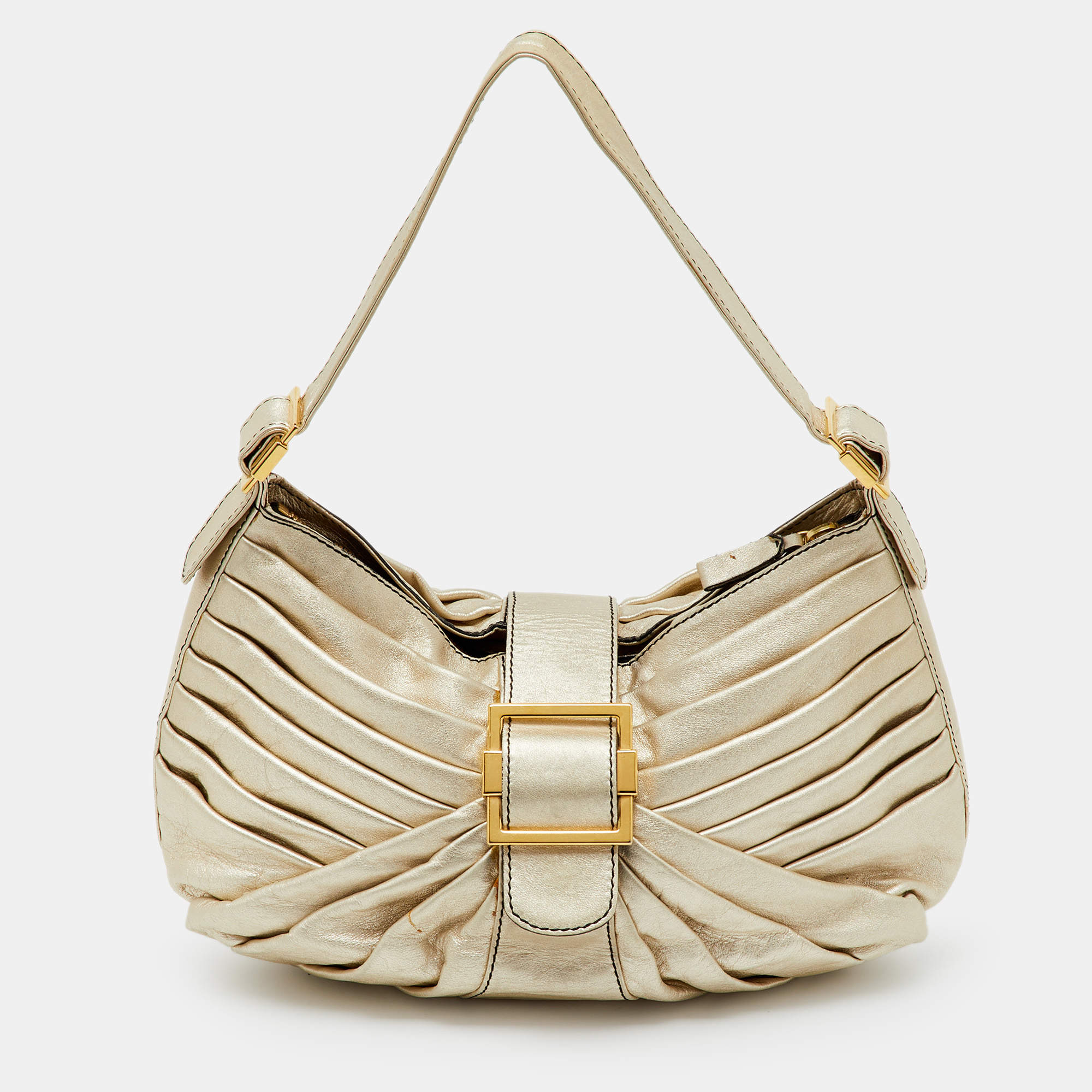 Pre Owned Valentino Garavani Metallic Gold Leather Pleated Shoulder Bag
