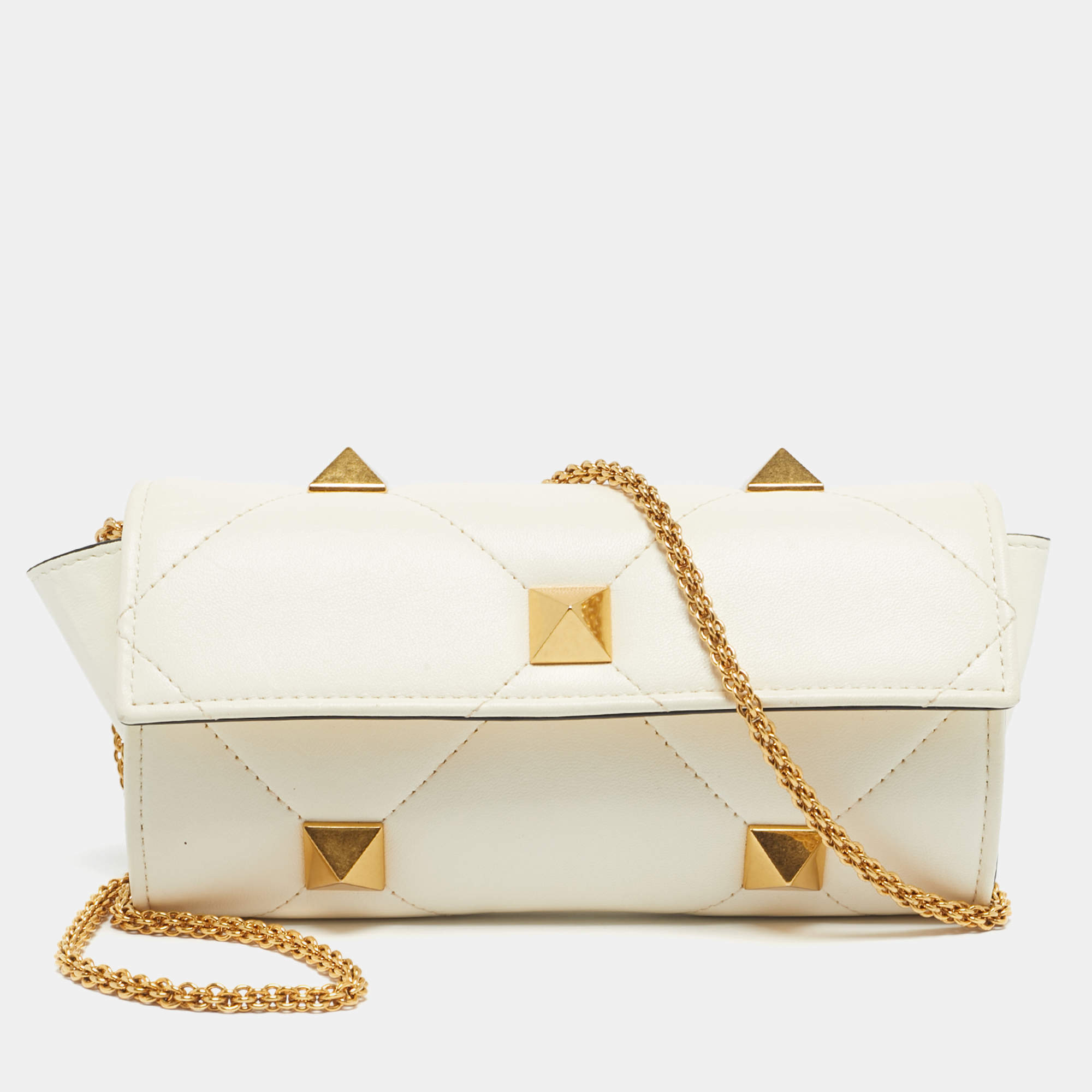 Pre Owned Valentino White Quilted Leather Roman Stud Wallet On Chain