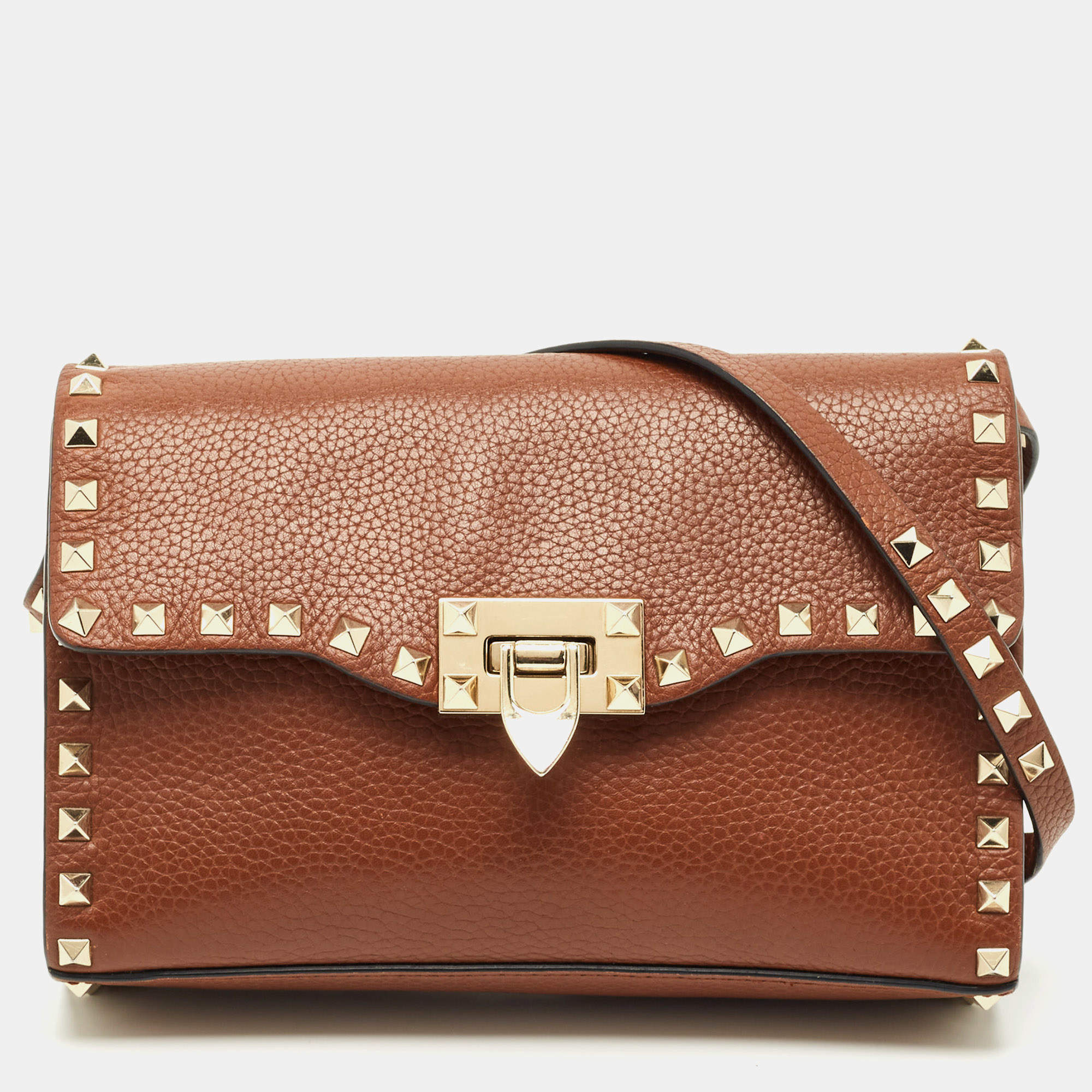 Pre Owned Valentino Brown Leather Rockstud Flap Crossbody Bag