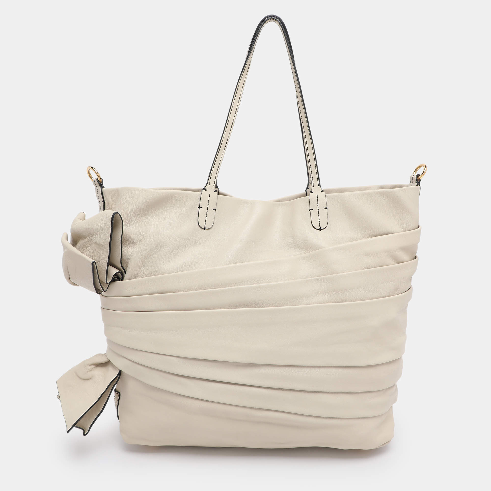 Pre Owned Valentino Cream Leather Pleated Bow Tote