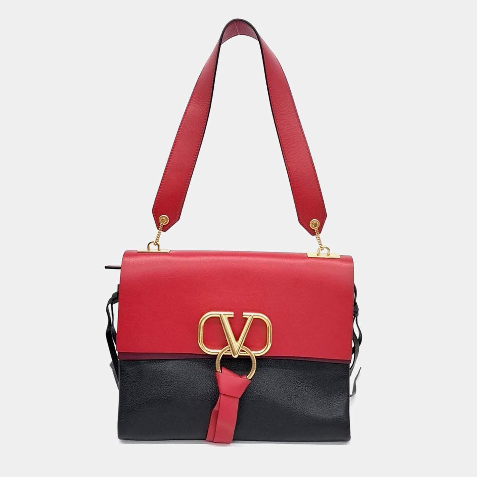 Pre Owned Valentino Black/Red Leather V-Ring Shoulder Bag
