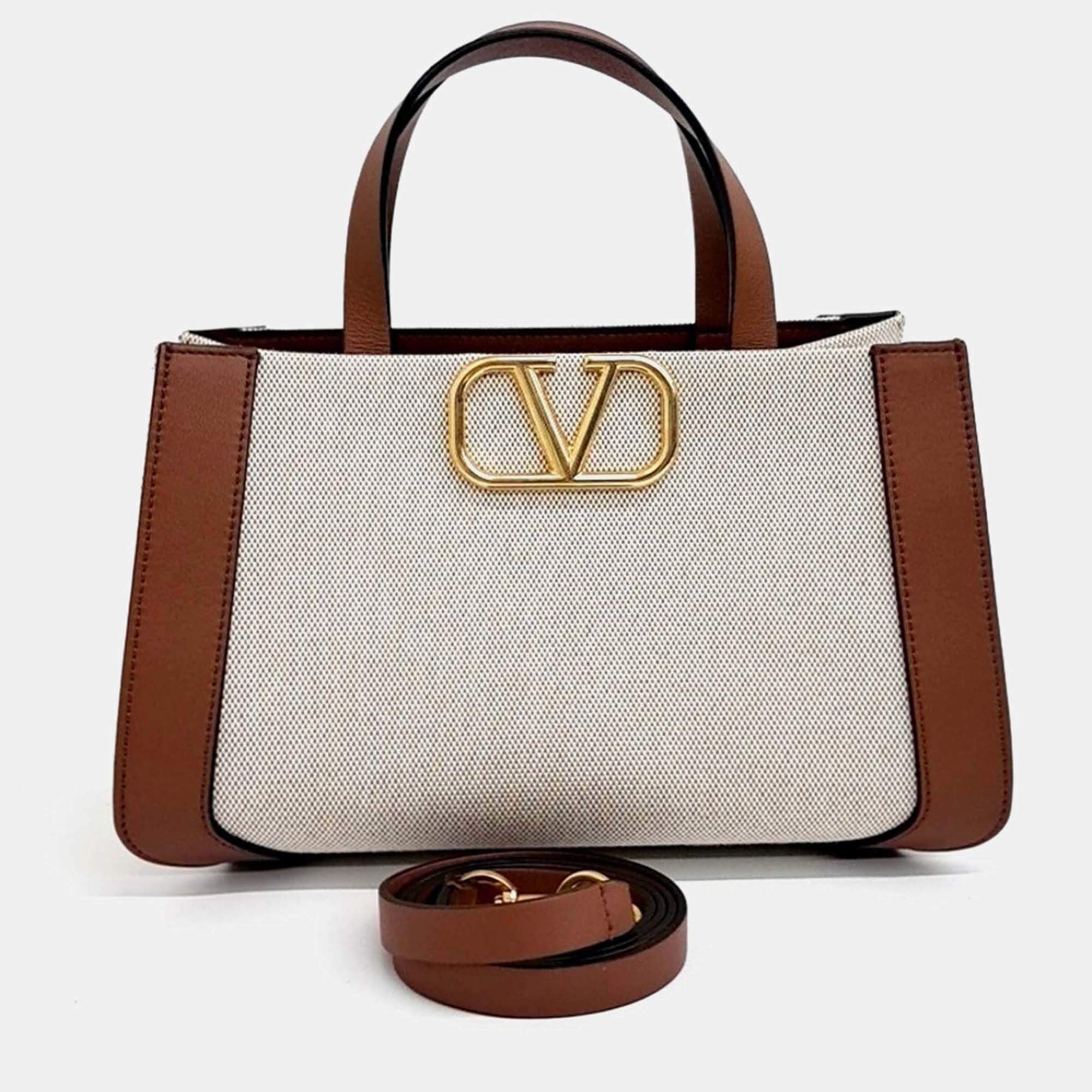 Pre Owned Valentino Beige Brown Coated canvas V-logo tote and shoulder bag