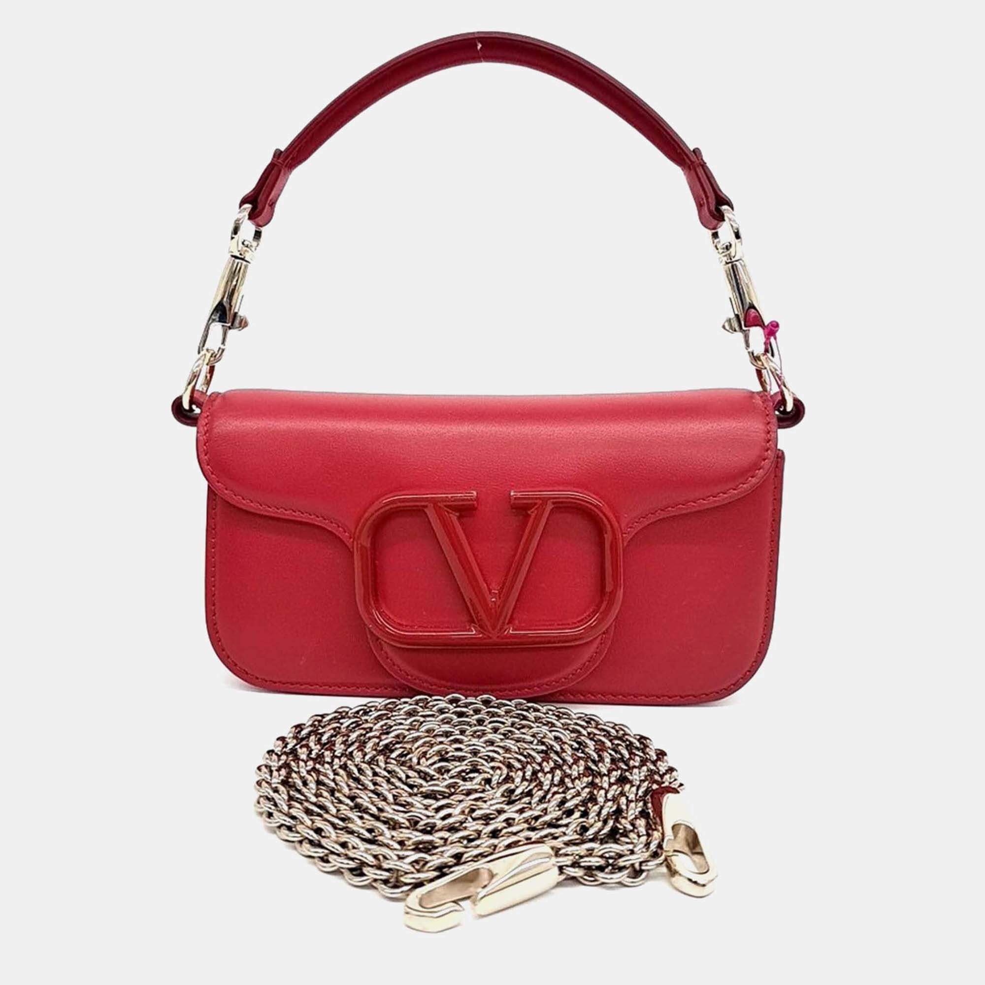 Pre Owned Valentino Red Leather V-Logo Rocco Shoulder Bag Small