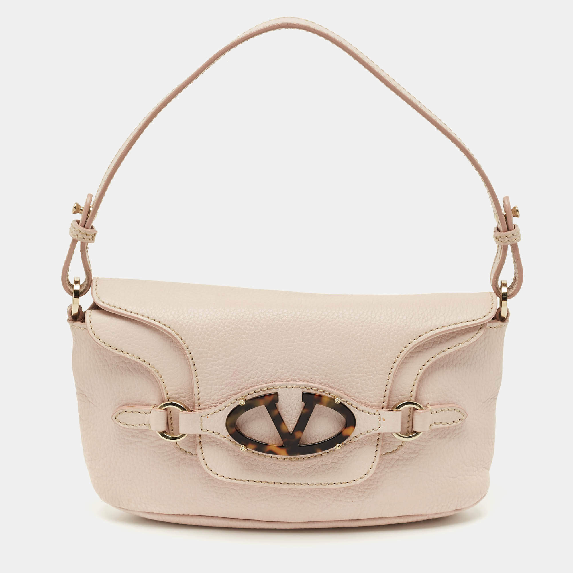 Pre Owned Valentino Light Pink Leather VLogo Flap Shoulder Bag