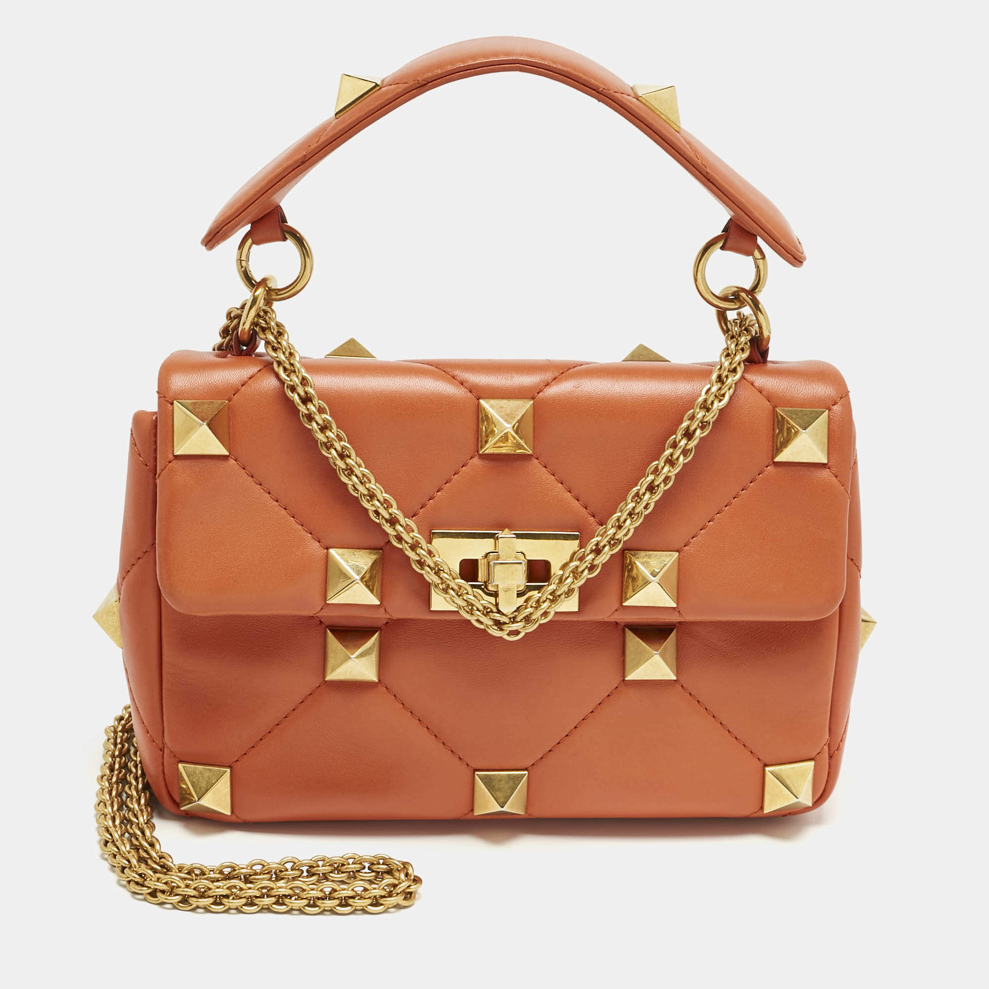 Pre Owned Valentino Orange Quilted Leather Medium Roman Stud Top Handle Bag