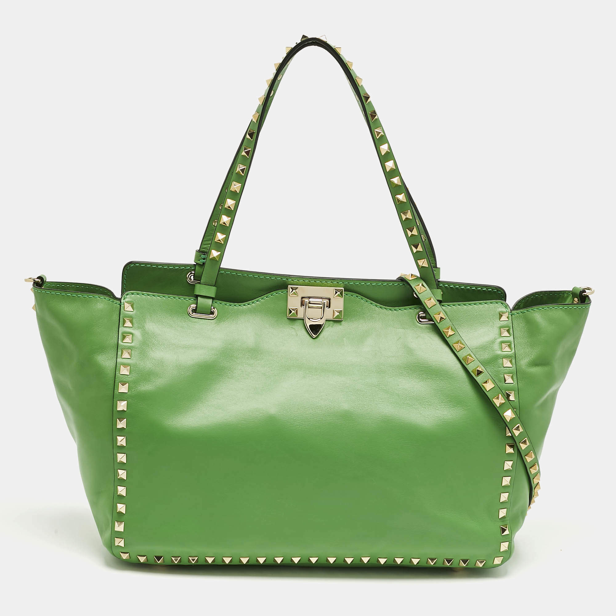 Pre Owned Valentino Green Leather Medium Rockstud Trapeze Tote