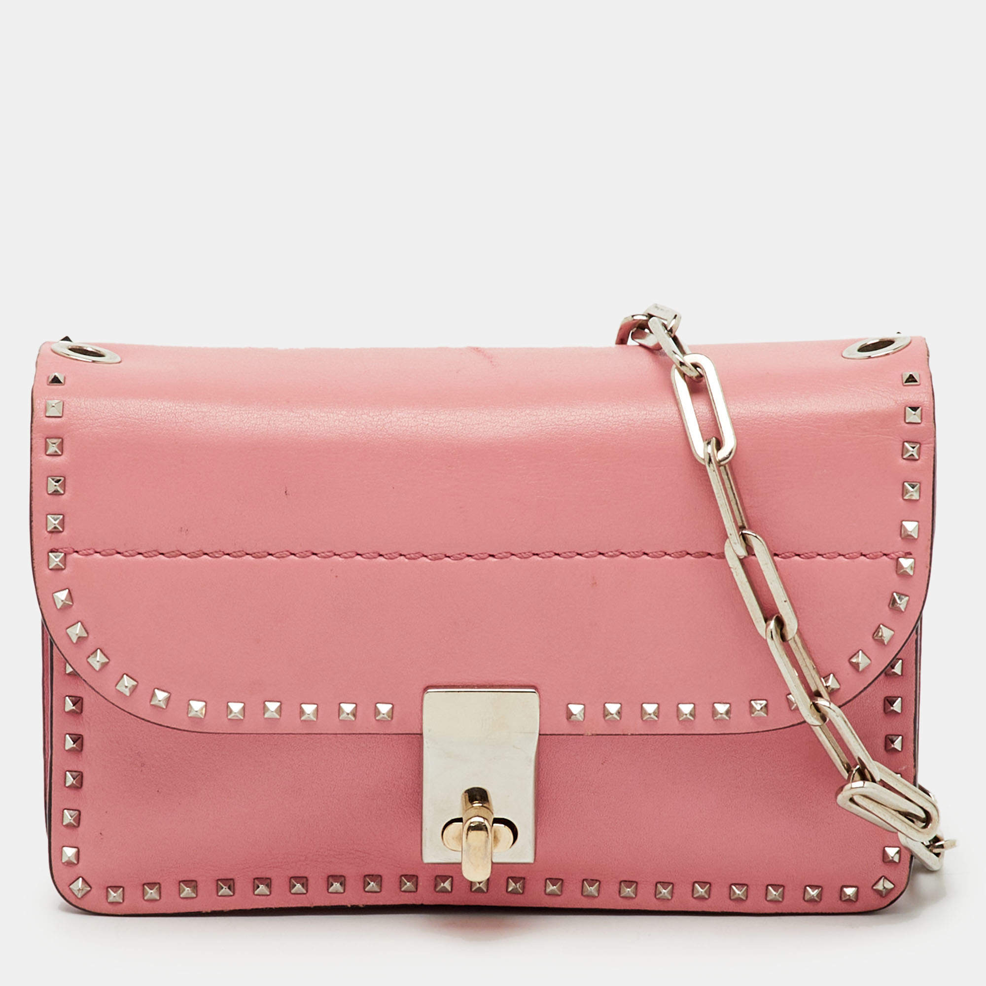 Pre Owned Valentino Pink Leather Rockstud Cabana Chain Crossbody Bag