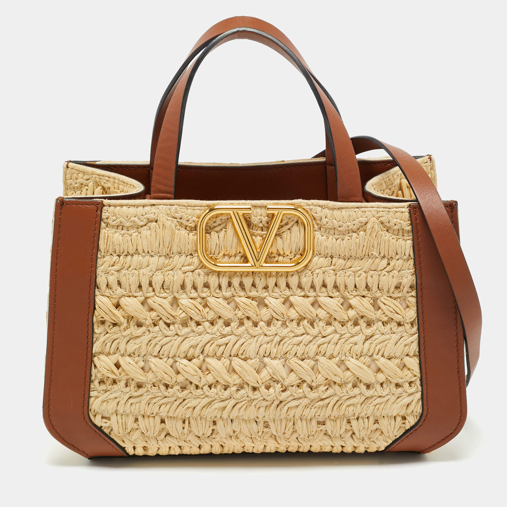 Pre Owned Valentino Brown/Natural Raffia and Leather Small VLogo Signature Tote