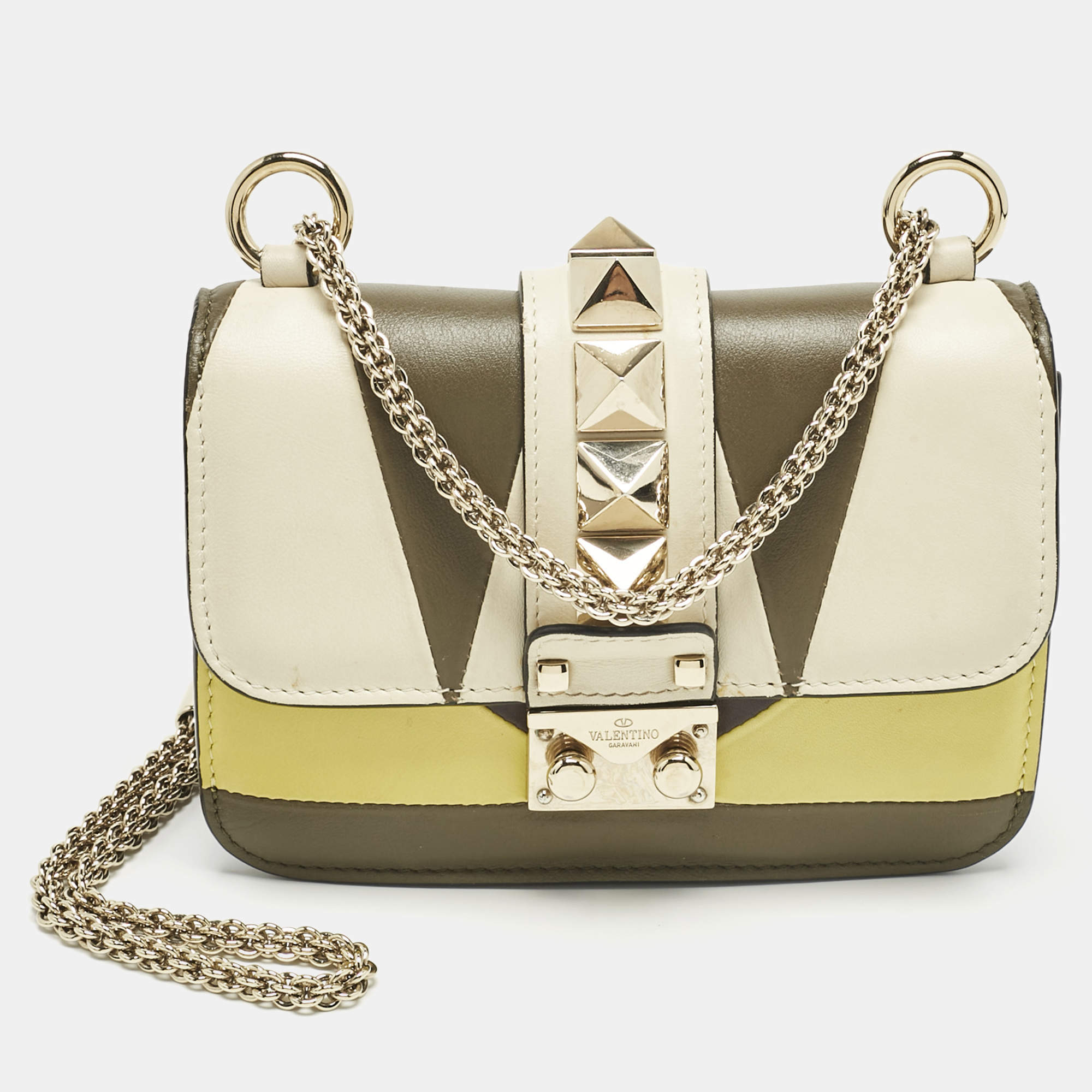 Pre Owned Valentino Multicolor Leather Mini Colorblock Rockstud Glam Lock Bag