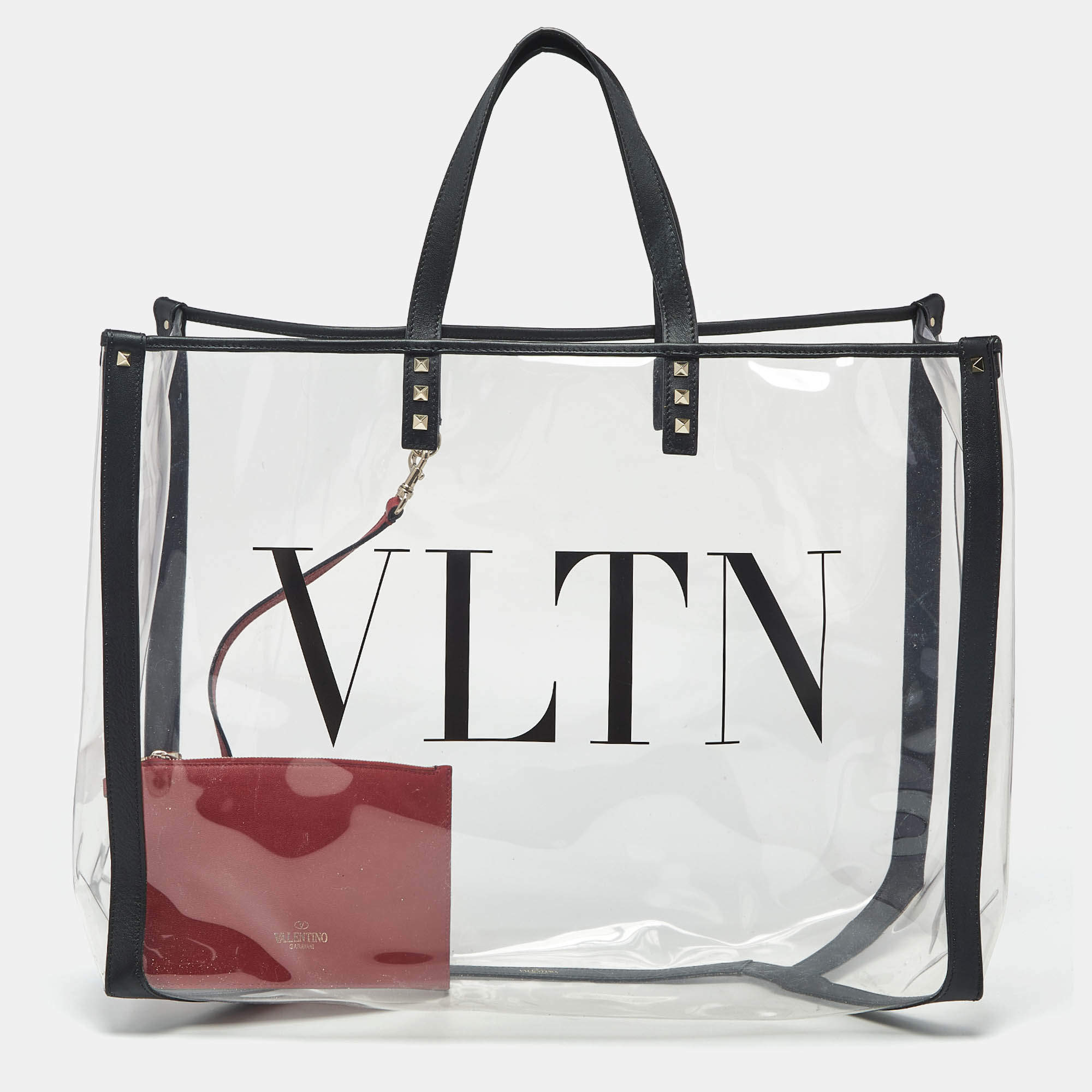 Pre Owned Valentino Black/Clear PVC and Leather Grande VLTN Plage Tote