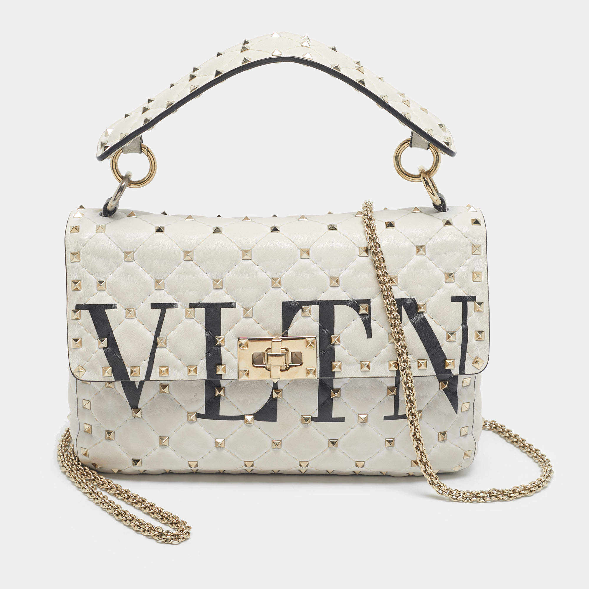 Pre Owned Valentino White Quilted Leather Medium VLTN Rockstud Spike Shoulder Bag