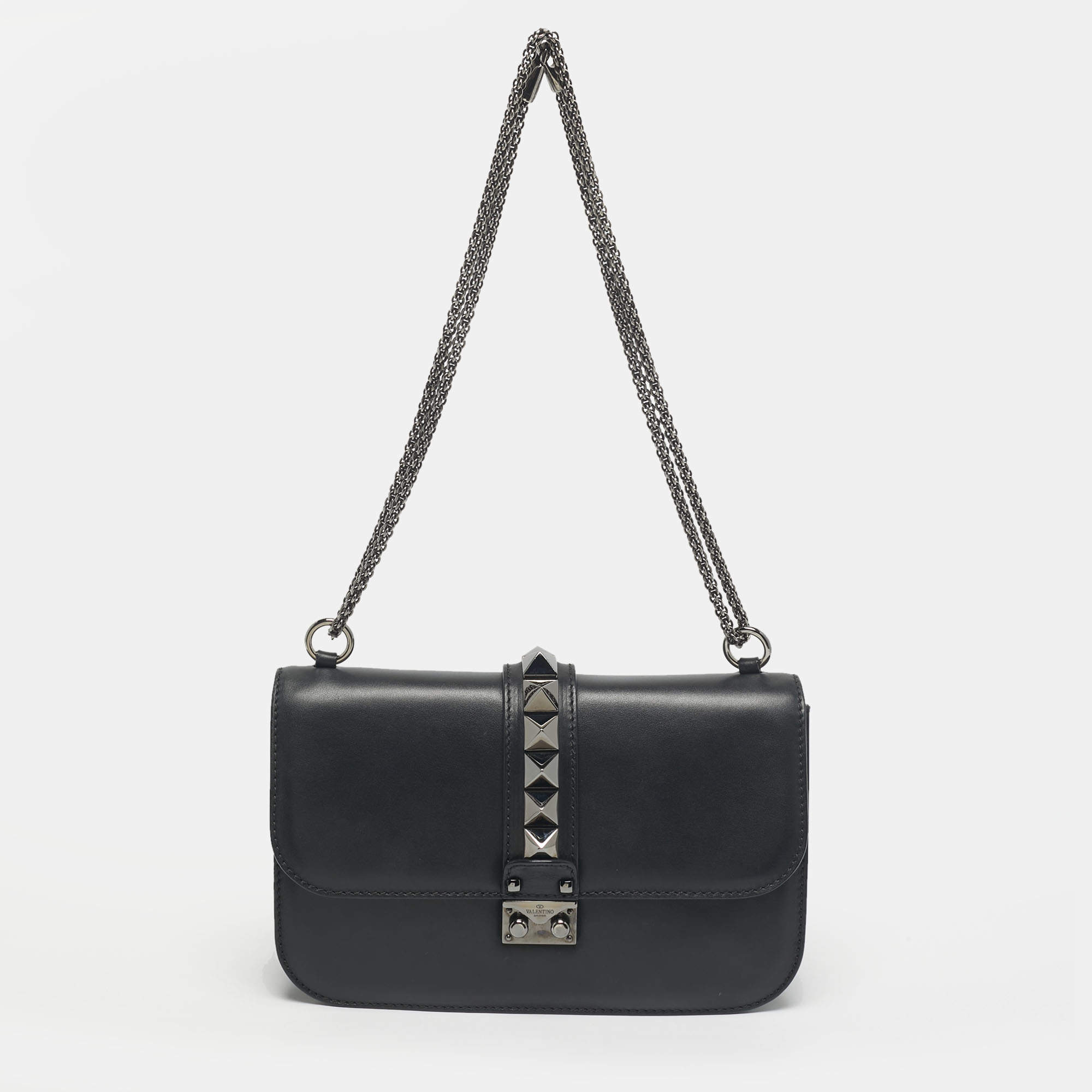 Pre Owned Valentino Black Leather Medium Noir Edition Glam Lock Shoulder Bag