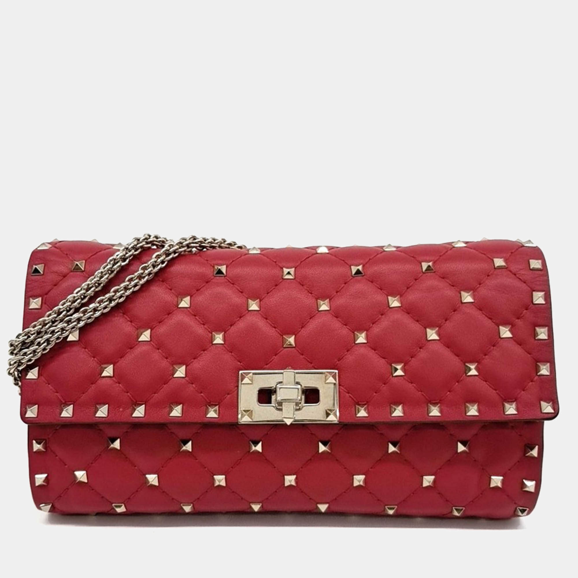 Pre Owned Valentino Red Leather Rockstud Chain Crossbody Bag