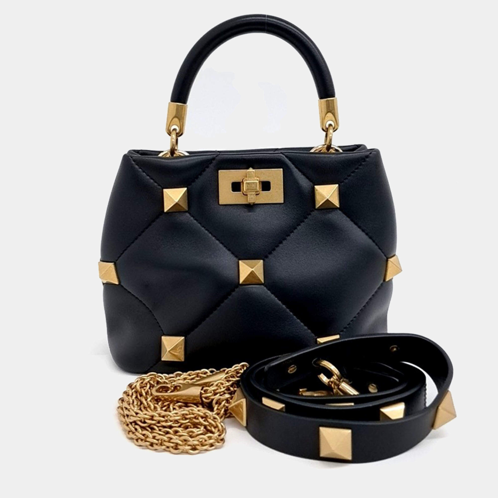 مملوكة مسبقًا Valentino Black Leather Roman Studded Tote and Shoulder Bag