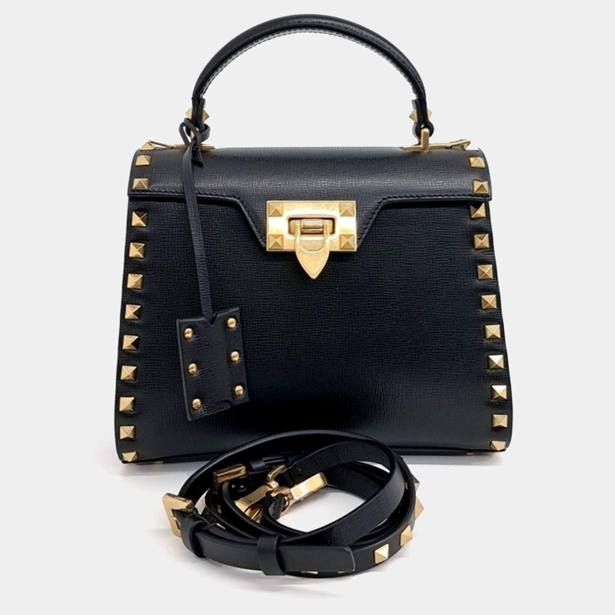 Pre Owned Valentino Black Leather Rockstud Top Handle Bag