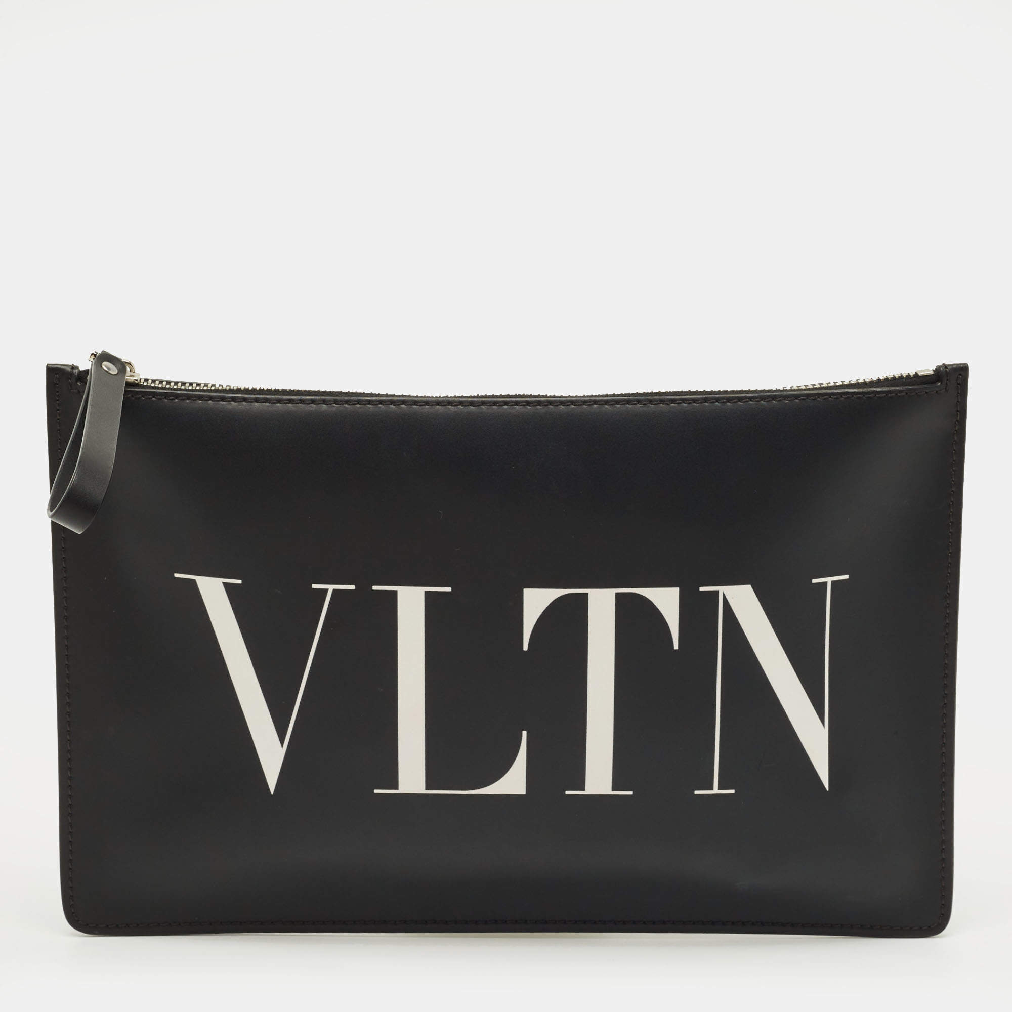 Pre Owned Valentino Black Leather Large VLTN Flat Zip Pouch