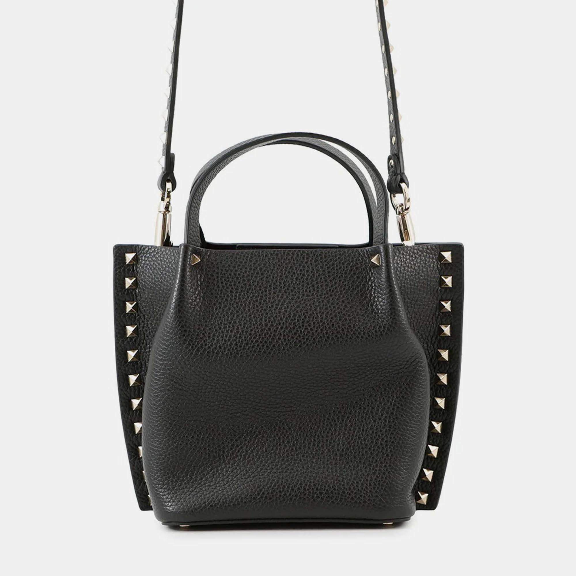 Pre Owned Valentino Garavani Rockstudded Tote Bag Black Leather