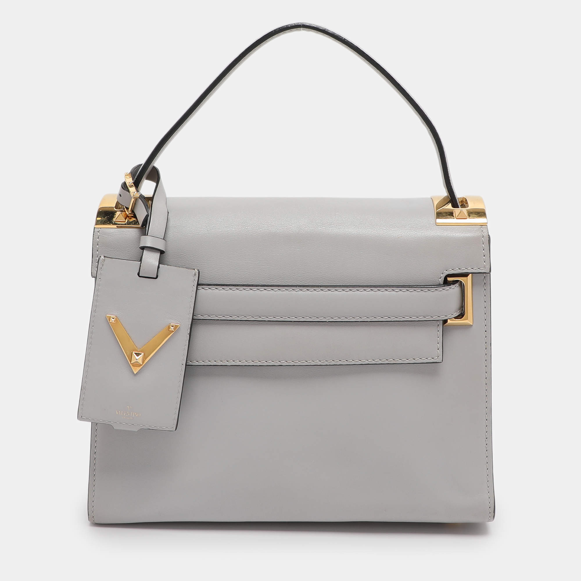 Pre Owned Valentino Ash Grey Leather My Rockstud Top Handle Bag