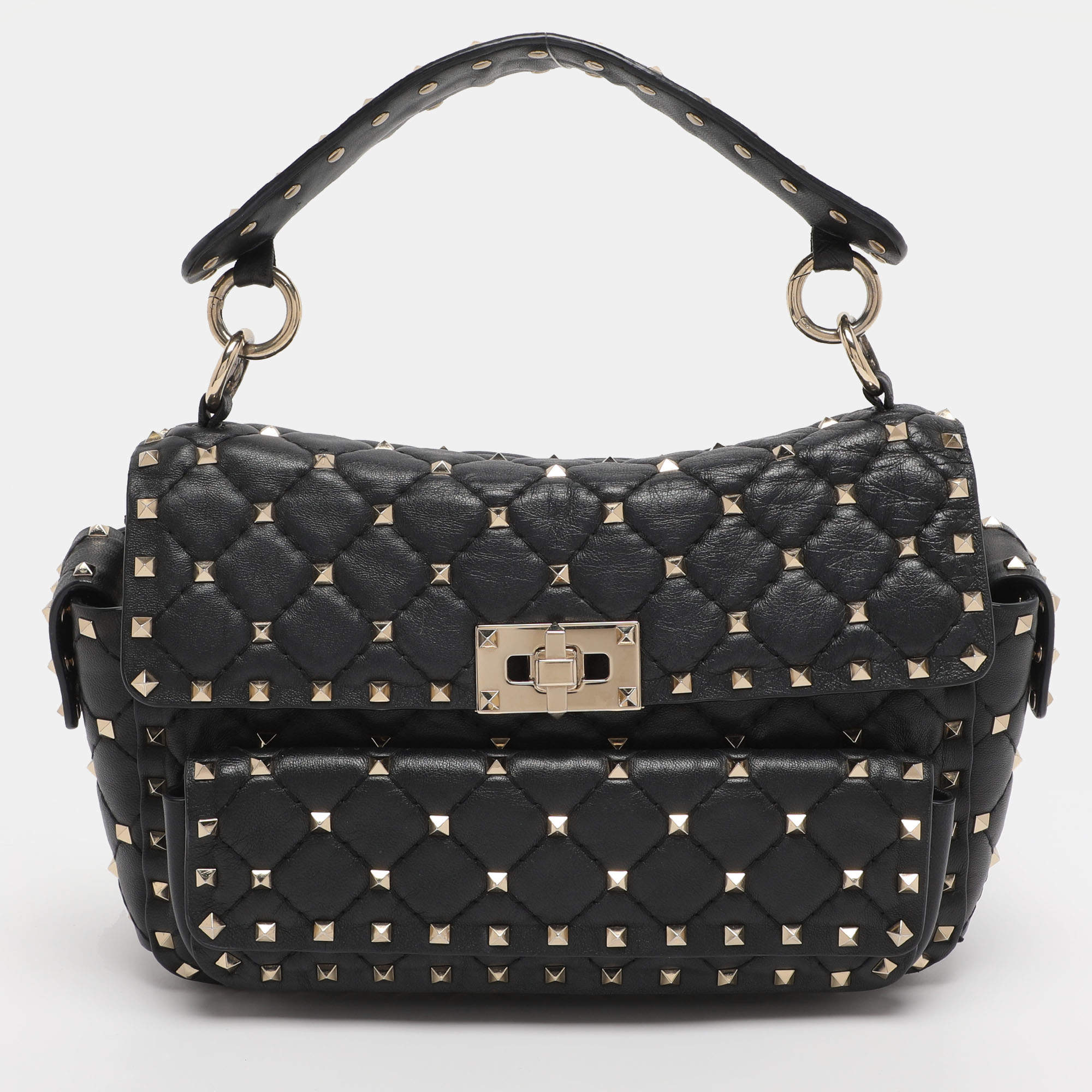Pre Owned Valentino Black Quilted Leather Medium Rockstud Spike Top Handle Bag