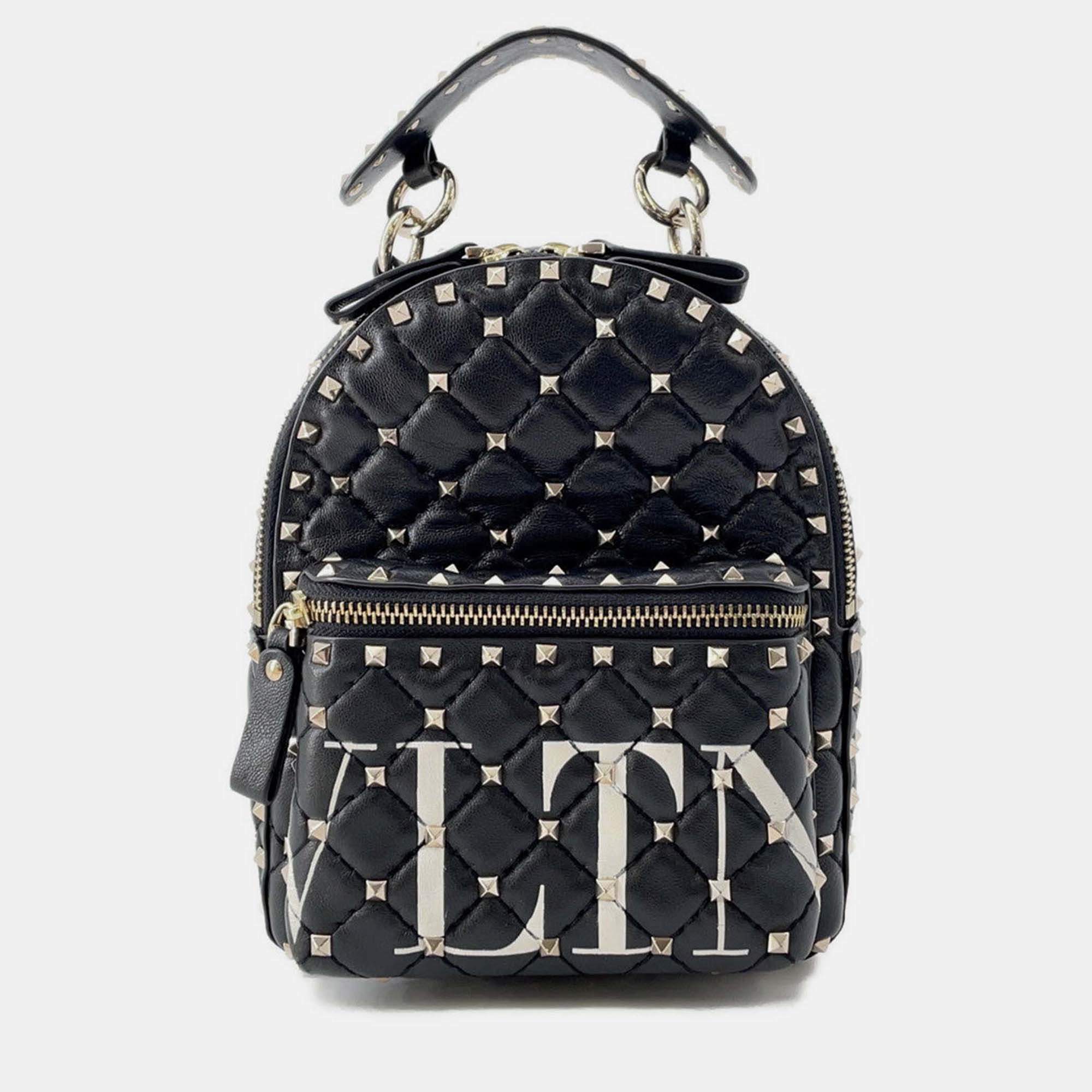 Pre Owned Valentino Garavani Vltn Logo Rock Studded Backpack Black Leather