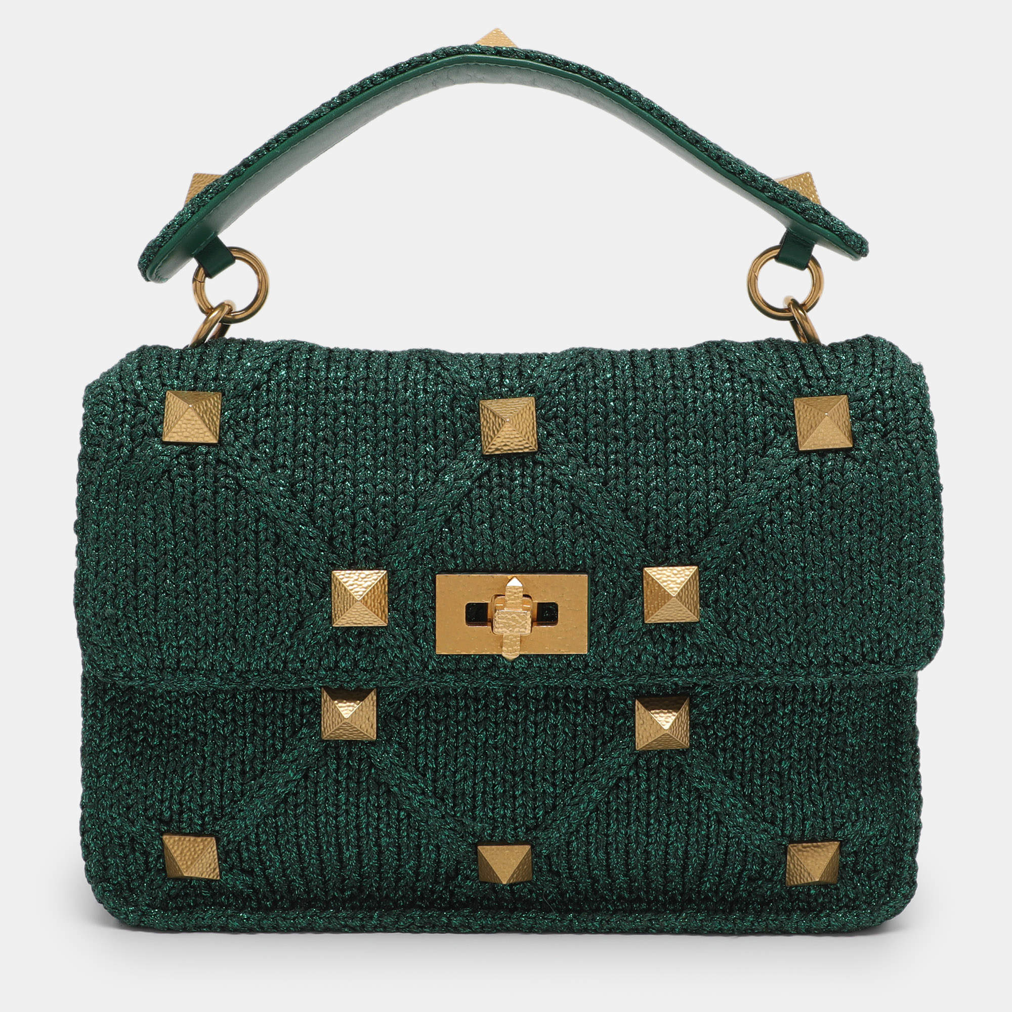 Pre Owned Valentino Green Knit Fabric Roman Stud Shoulder Bag