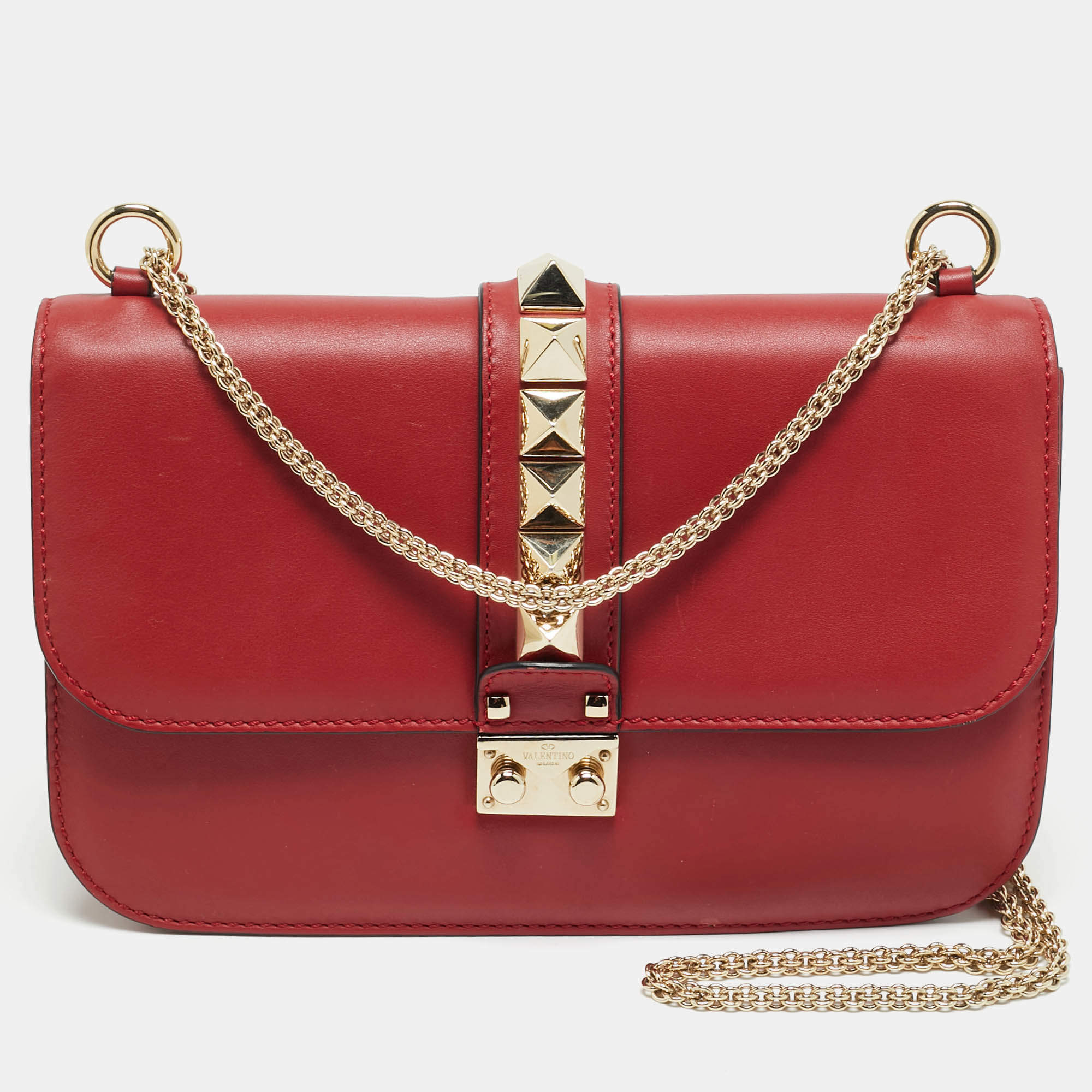 Pre Owned Valentino Red Leather Medium Glam Lock Shoulder Bag