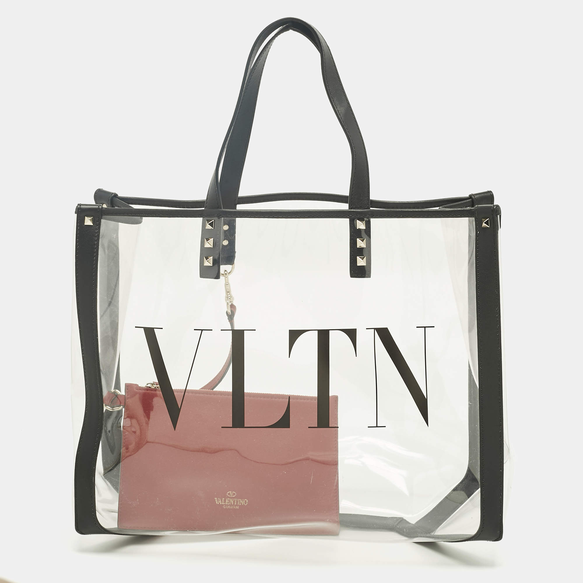 Pre Owned Valentino Black/Red Leather and PVC VLTN Rockstud Tote