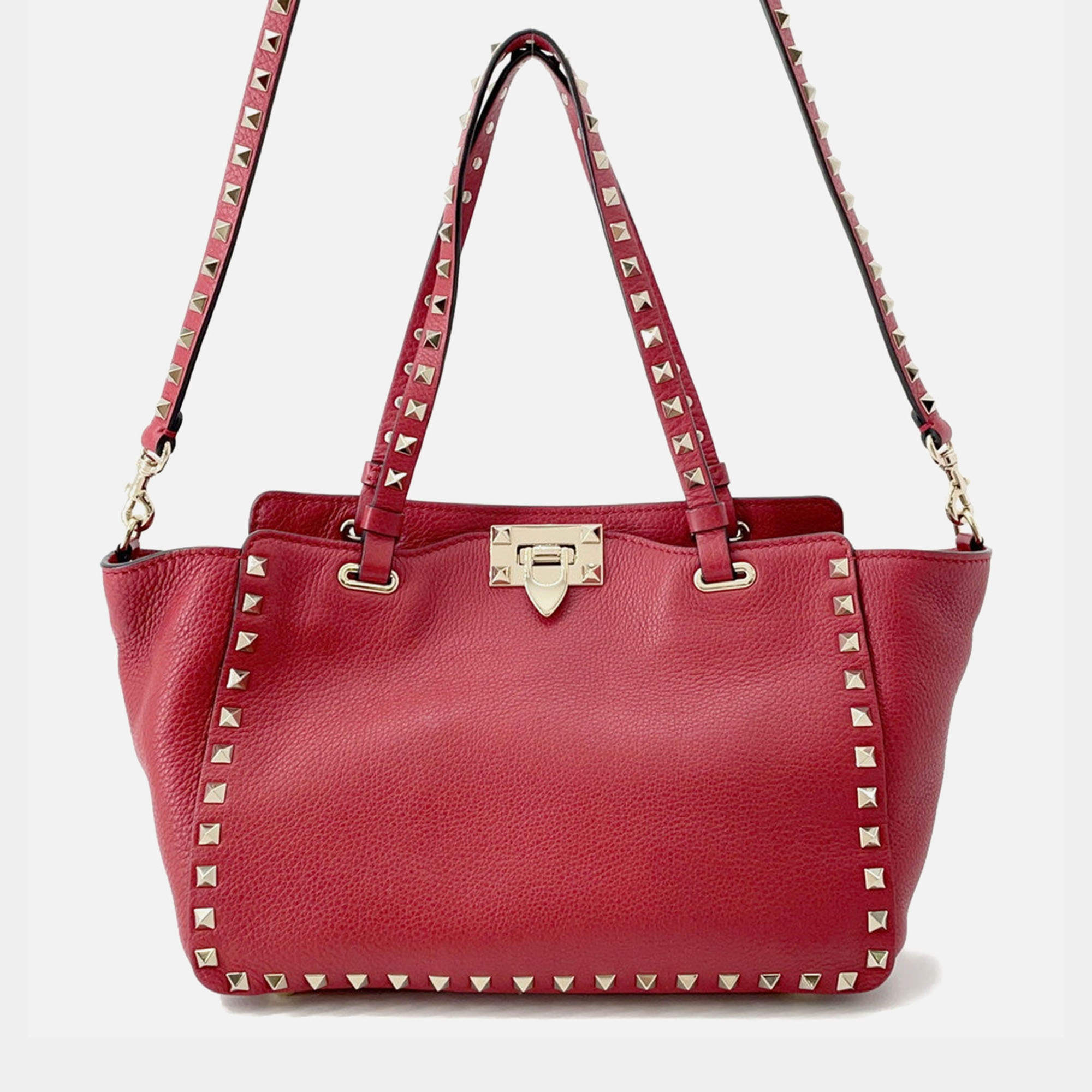 Pre Owned Valentino Garavani Rock Studded 2-Way Shoulder Bag Red Leather