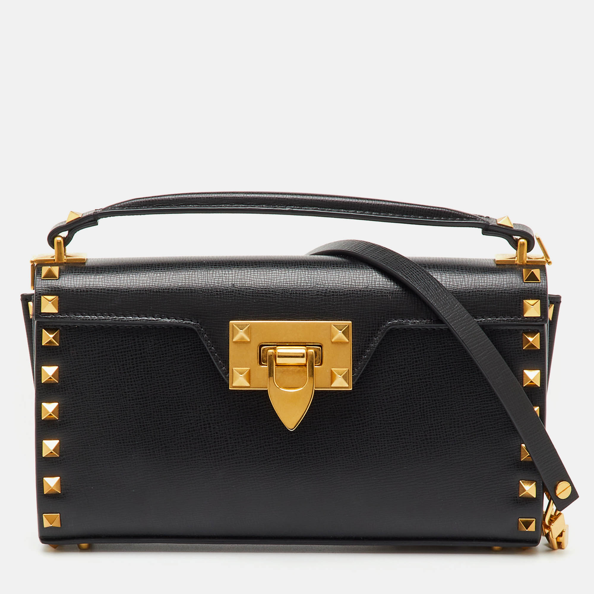 Pre Owned Valentino Black Leather Alcove Rockstud Top Handle Bag