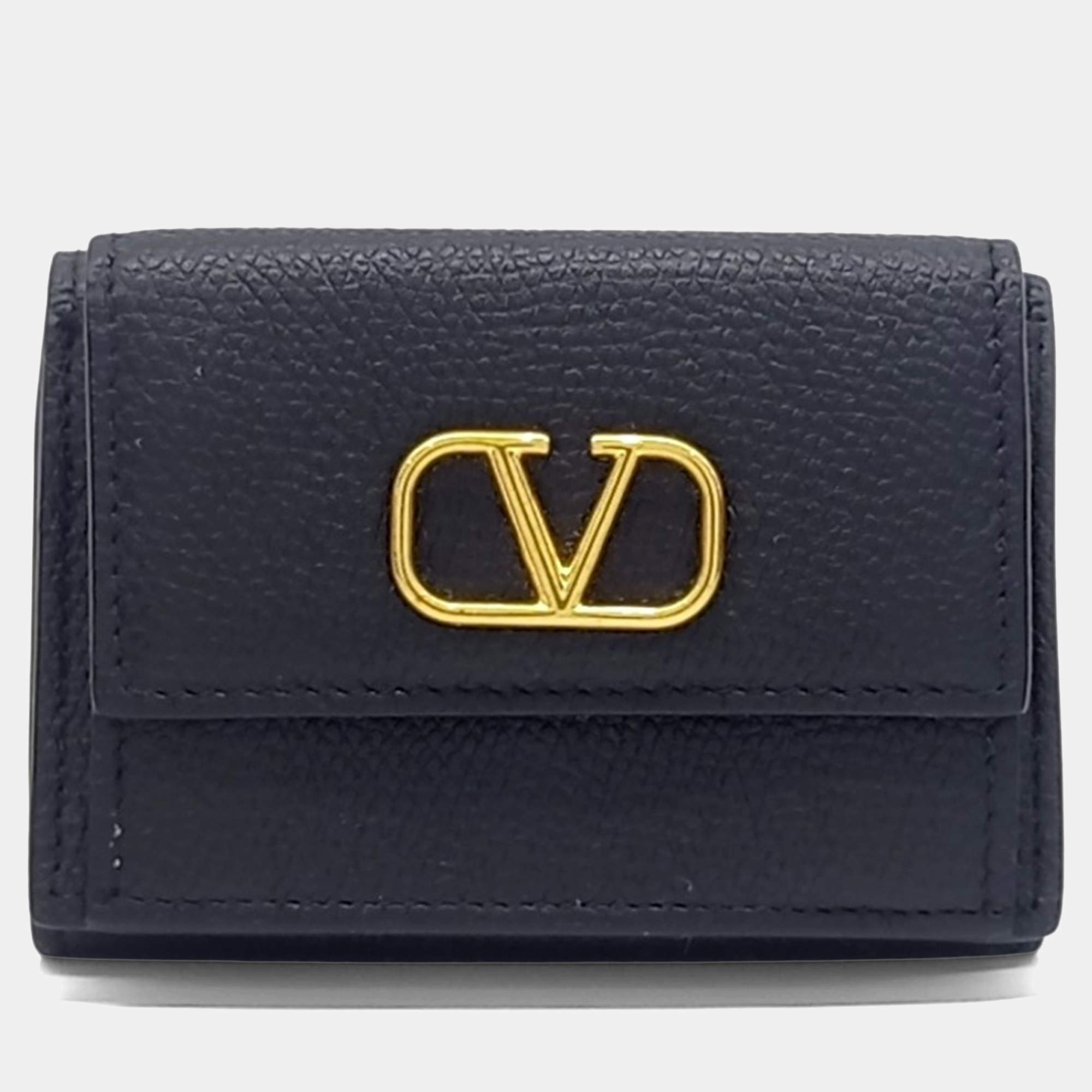 Pre Owned Valentino Black Leather V-logo half wallet