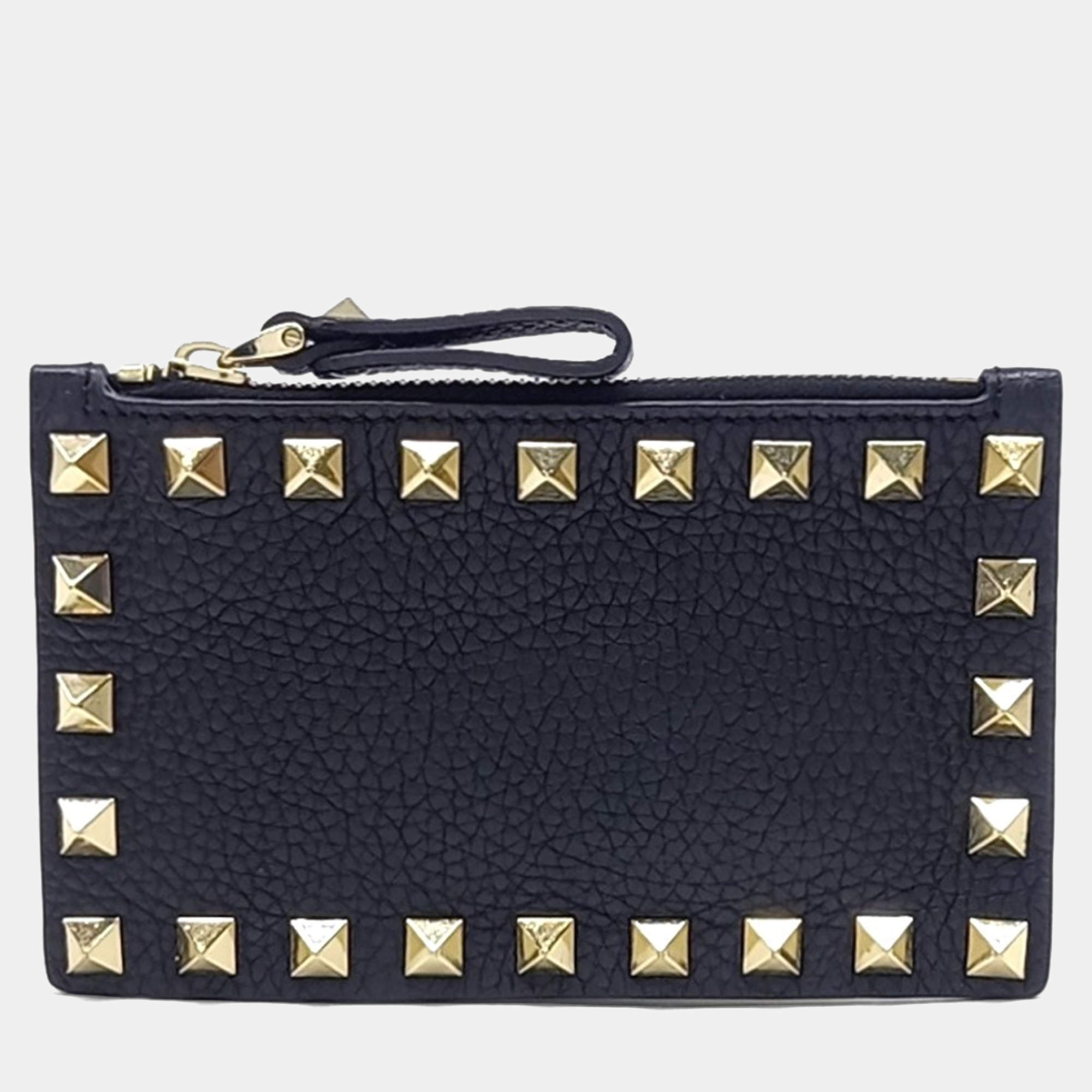 Pre Owned Valentino Black Leather Rockstud Card Holder