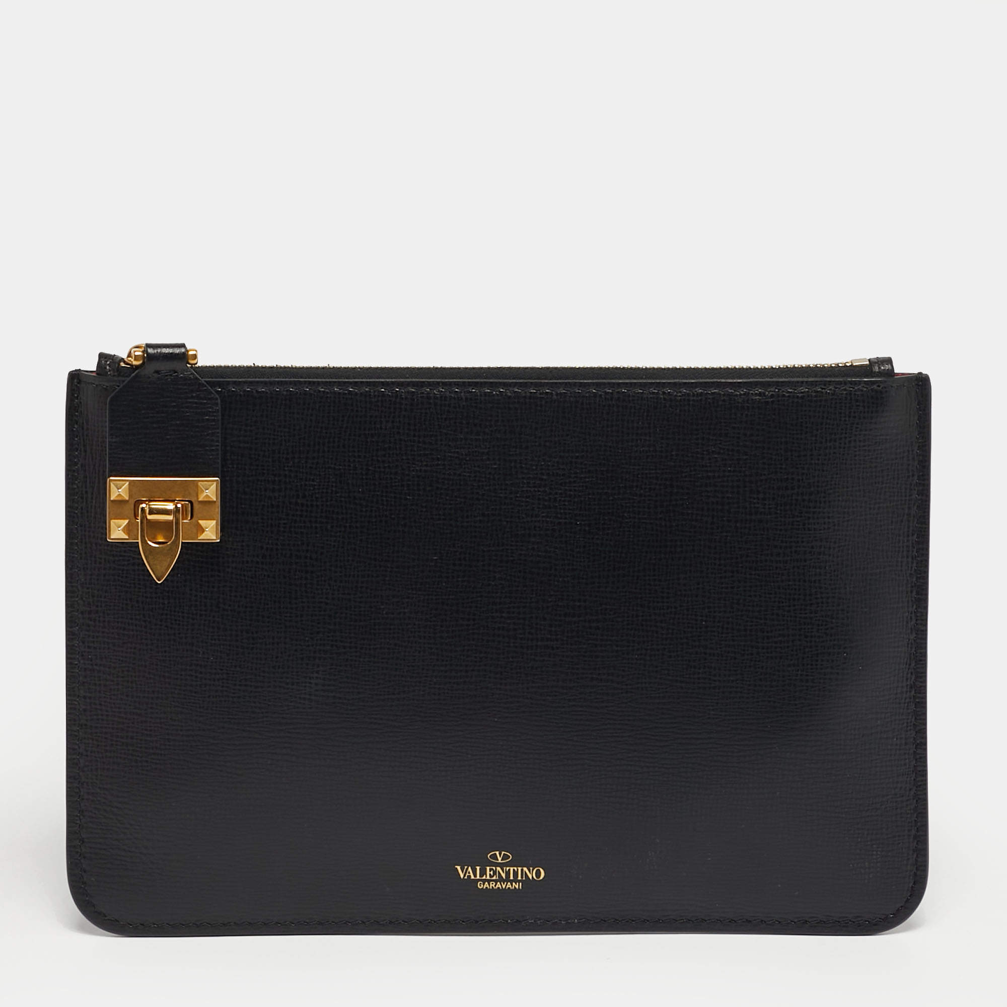 Pre Owned Valentino Black Leather Small Zip Flat Pouch