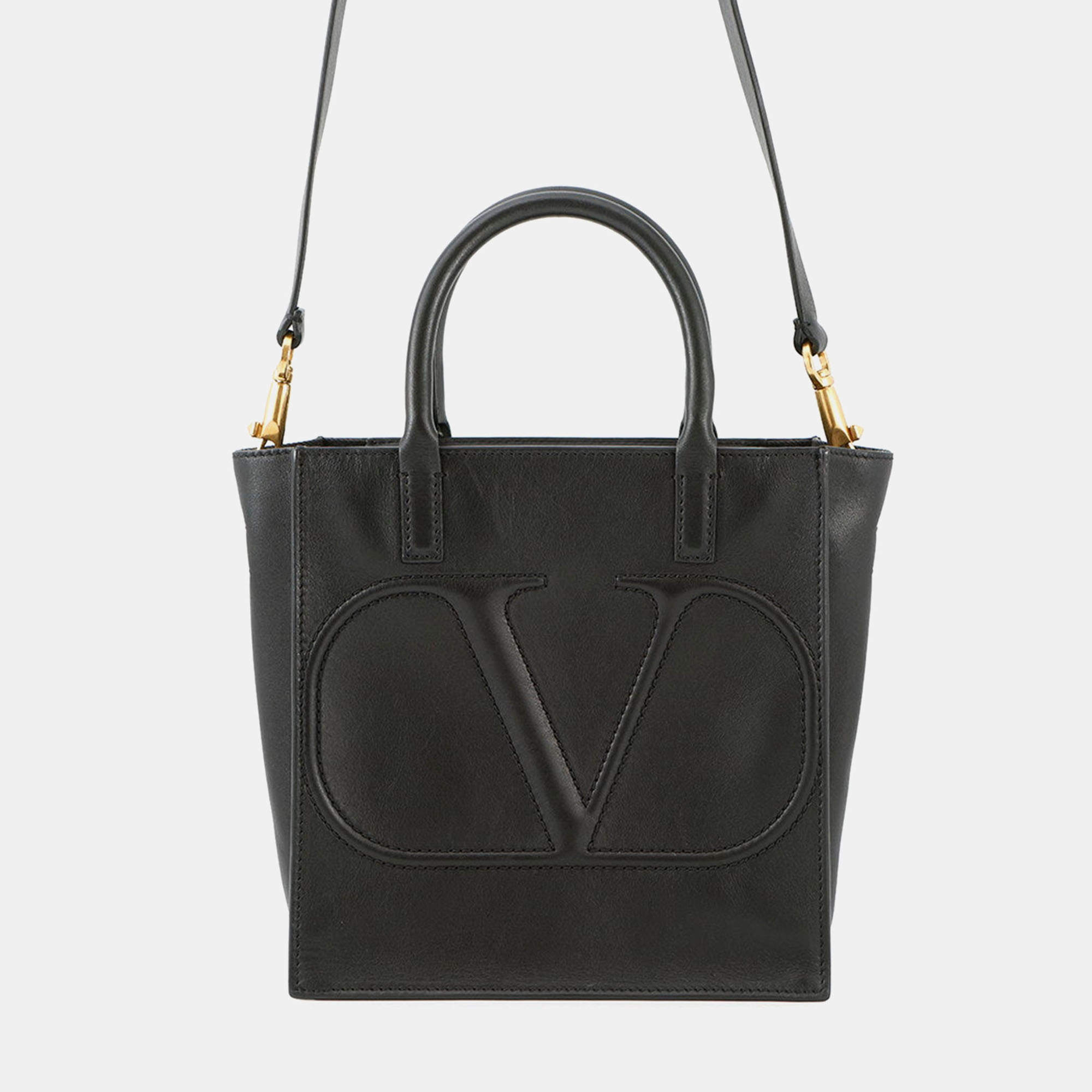 Pre Owned Valentino Garavani V Logo Walk 2-Way Bag Black Leather Size Small