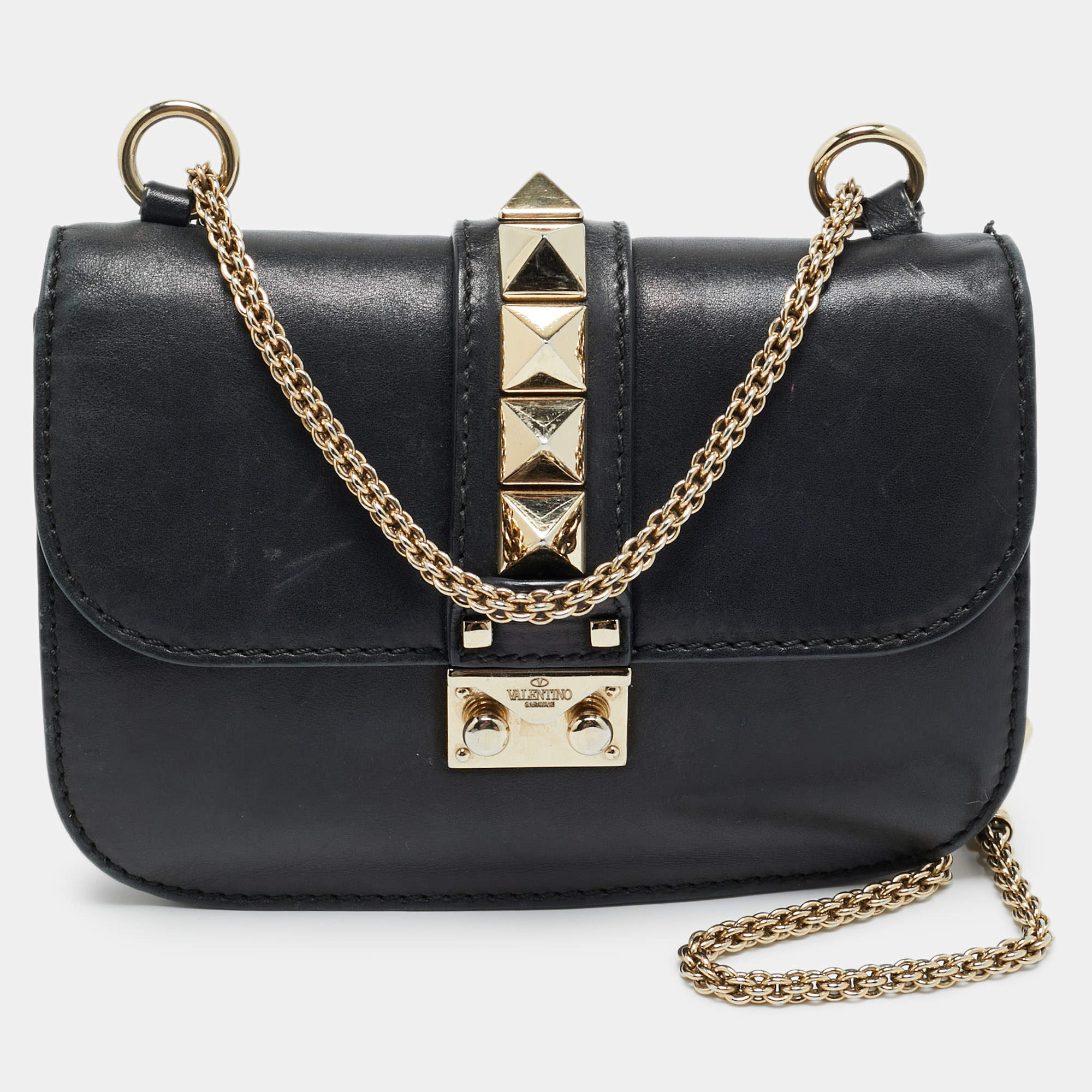 Pre Owned Valentino Glam Lock Small Black Leather Shoulder Bag