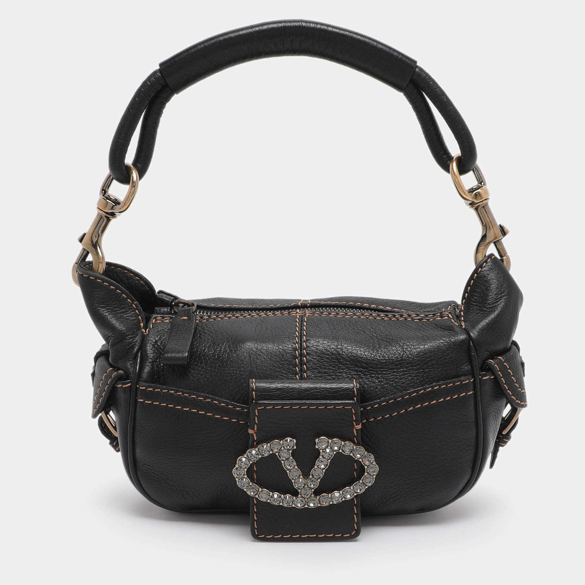مملوكة مسبقًا Valentino Escape V Logo Black Leather Shoulder Bag