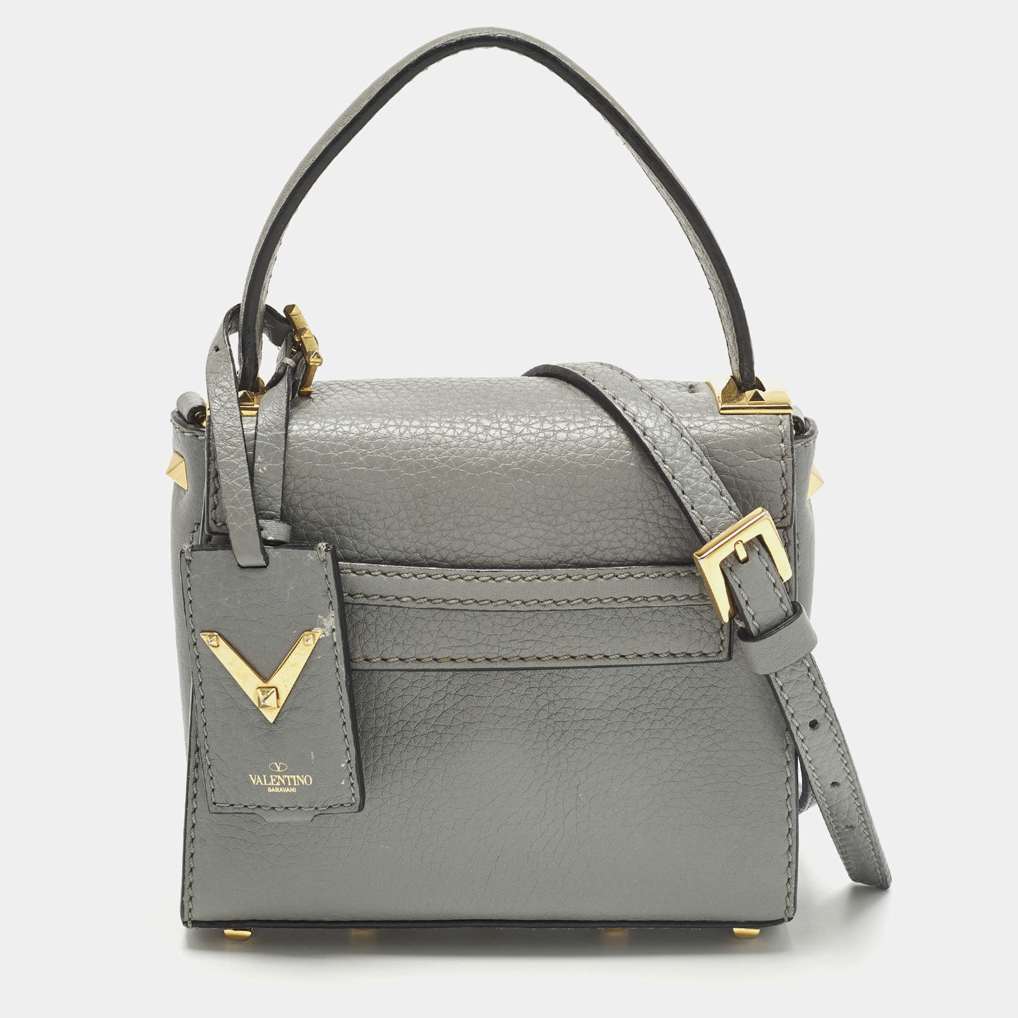 Pre Owned Valentino My Rockstud Mini Grey Leather Top Handle Bag