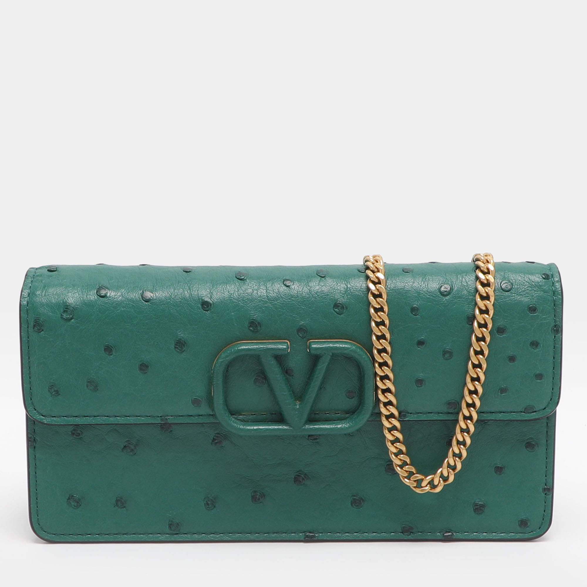 Pre Owned Valentino VSling Green Ostrich Wallet On Chain