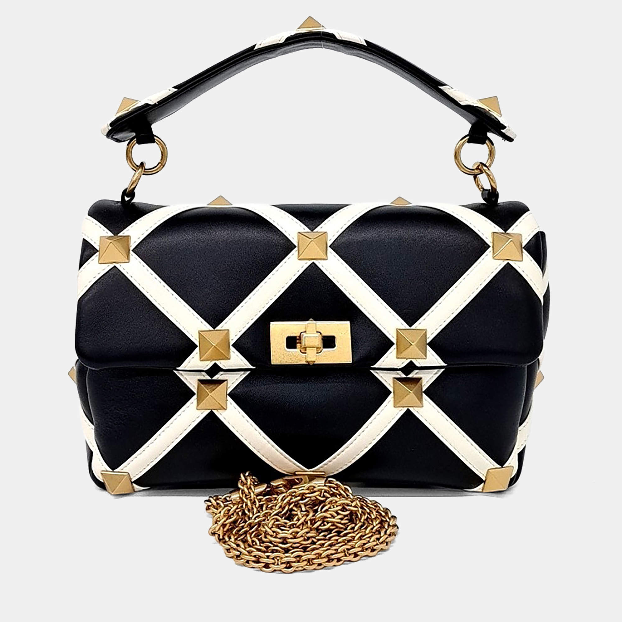 Pre Owned حقيبة يد توت وحقيبة كتف فالنتينو جلد بيج وأسود رومان ستد كبيرة