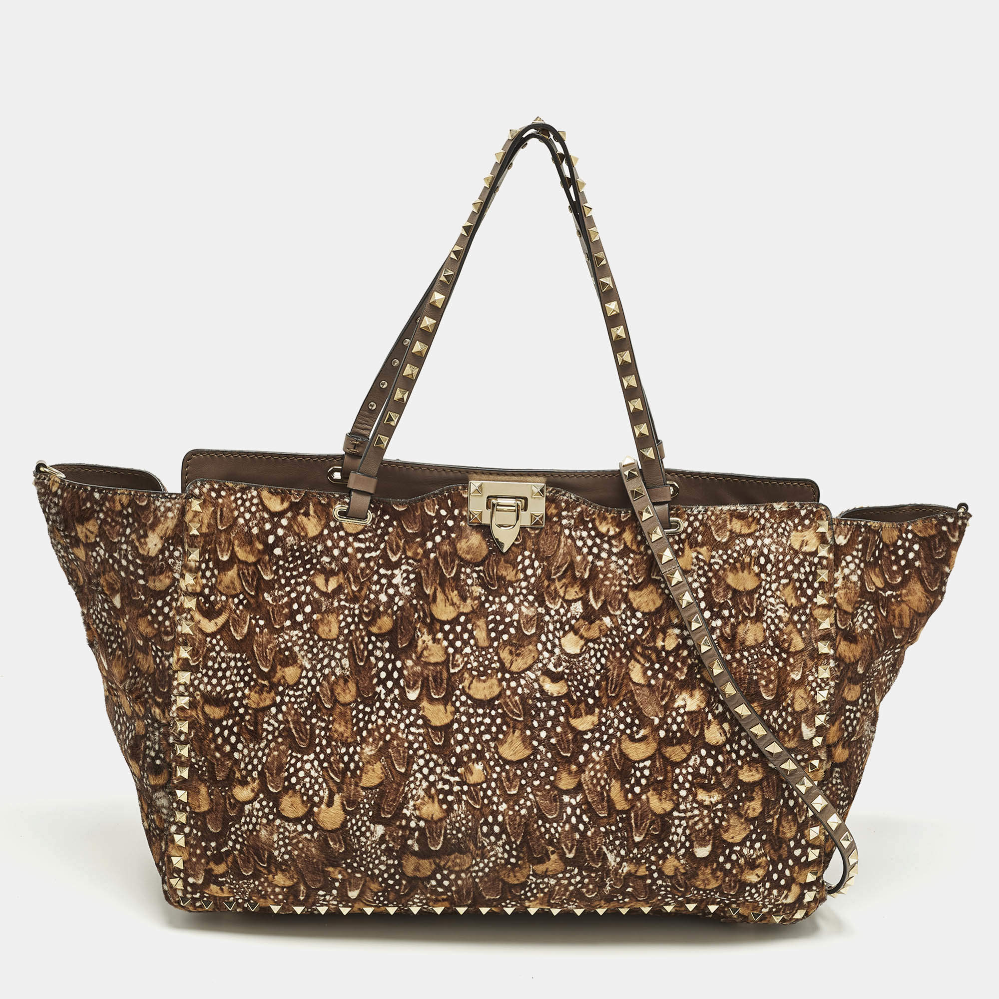 Pre Owned Valentino Rockstud Trapeze Brown Feather Print Calf Hair and Leather Tote