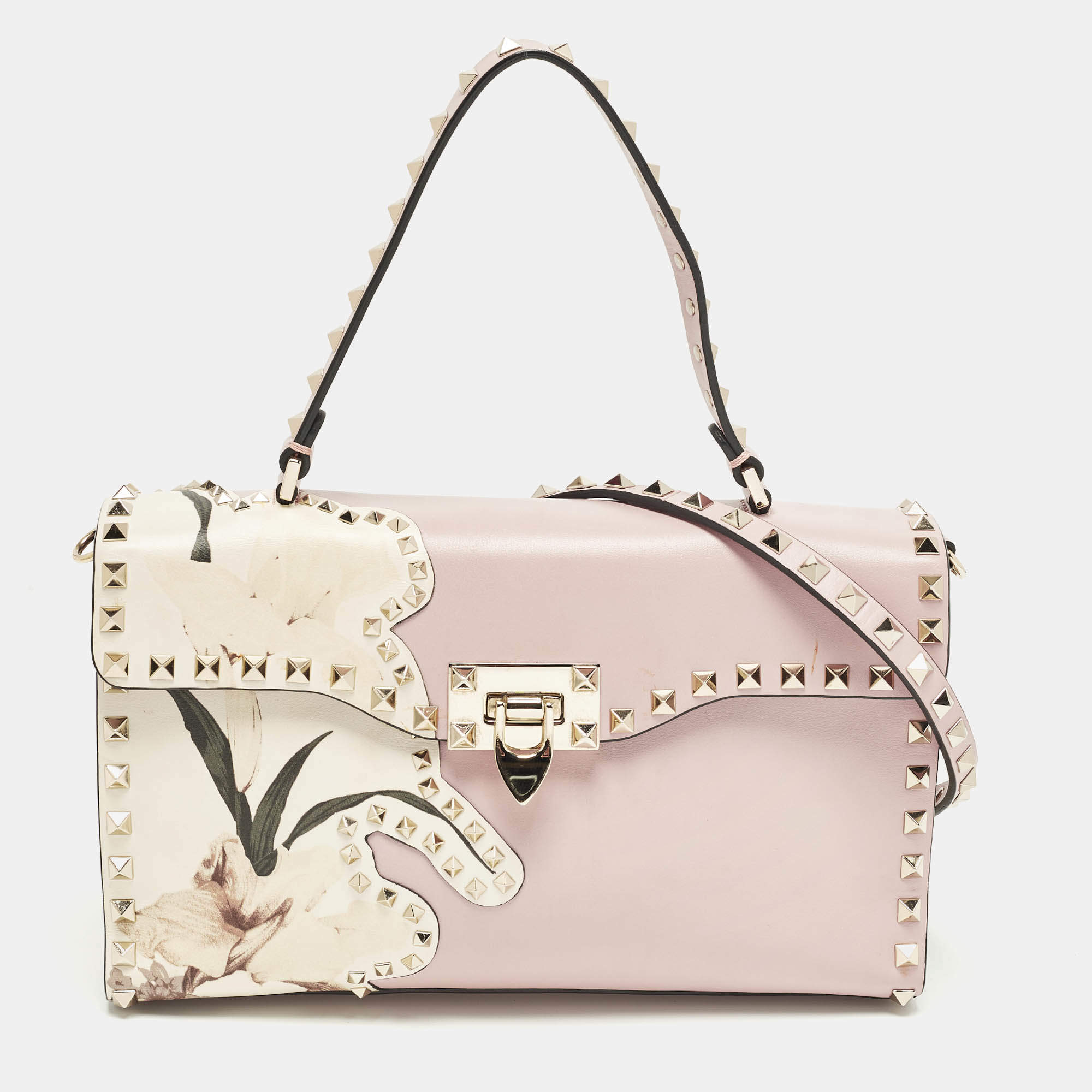 Pre Owned Valentino Rockstud Kimono 1997 Pink Leather Top Handle Bag