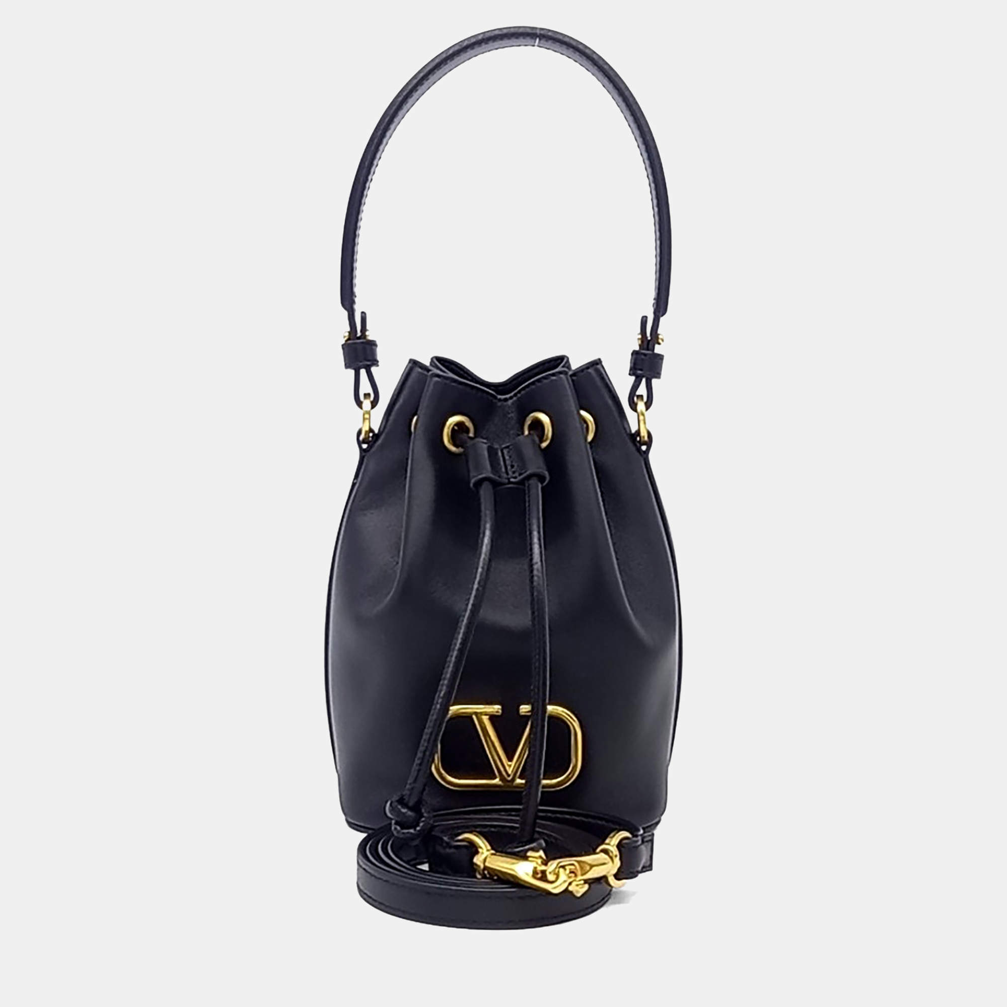 Pre Owned Valentino Black Leather V-Logo Signature Bucket Bag