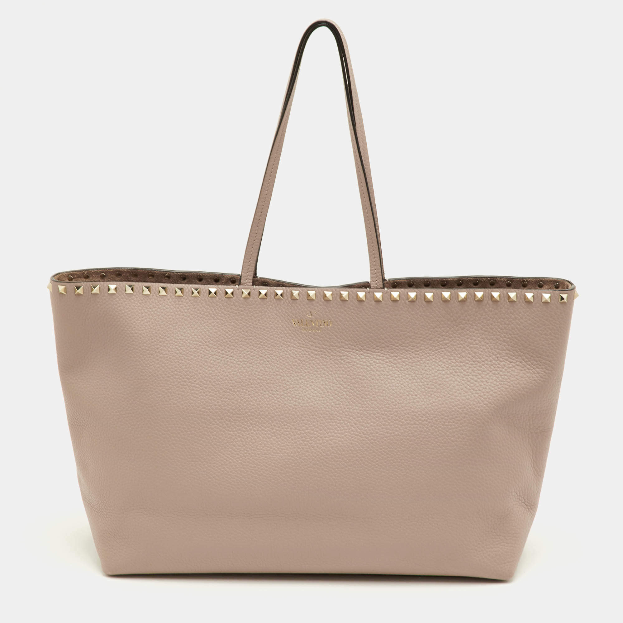 Pre Owned Valentino Rockstud Beige Leather Shopper Tote