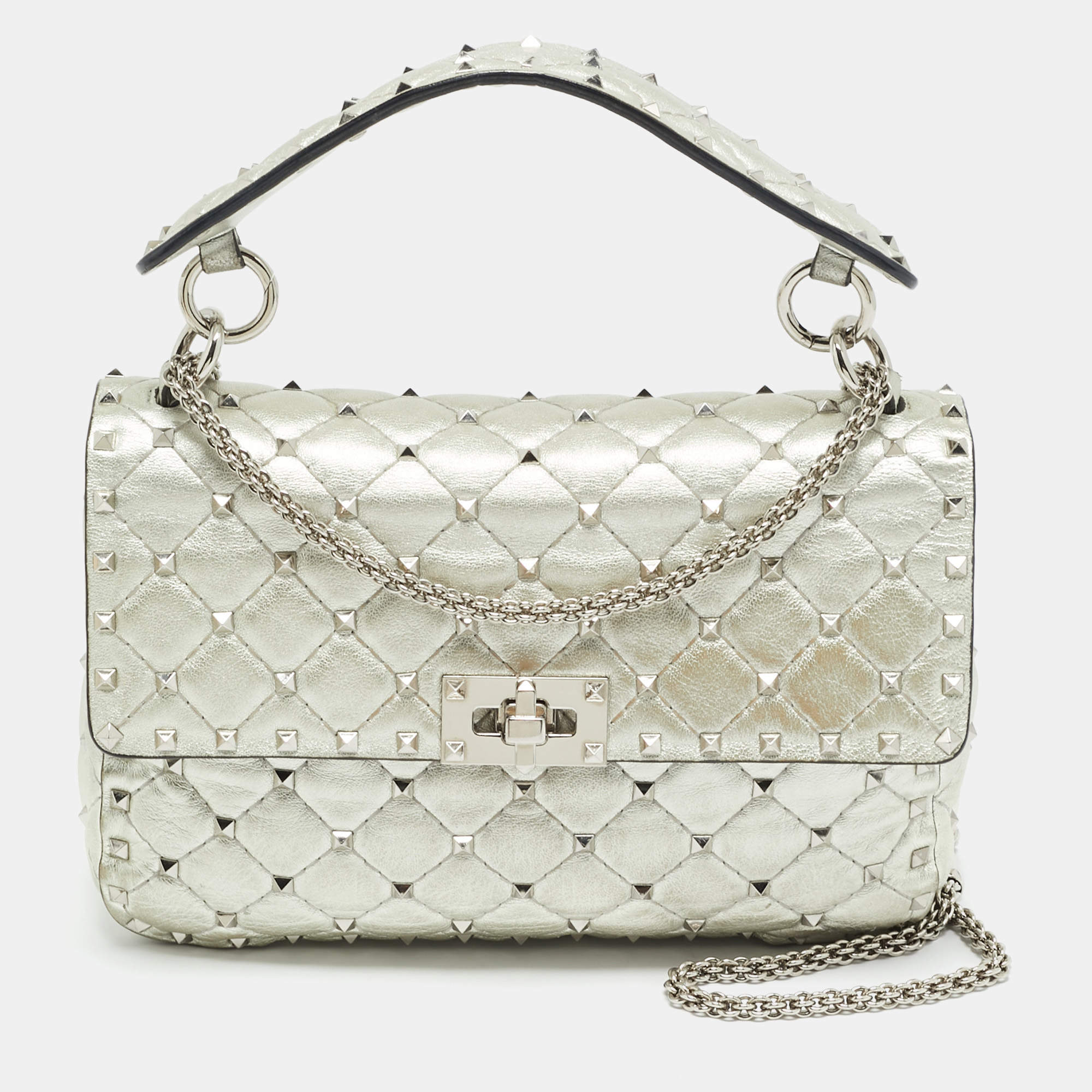 Pre Owned Valentino Rockstud Spike Medium Silver Quilted Leather Shoulder Bag
